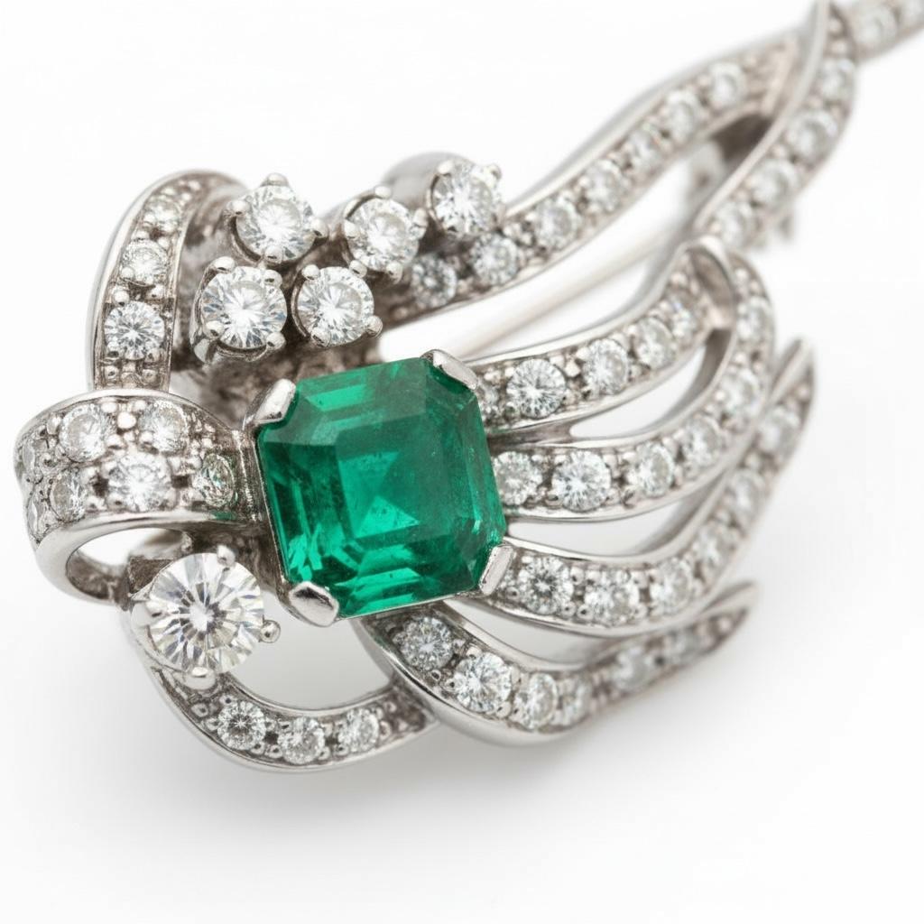 Platinum 1940s Diamond Emerald Pin