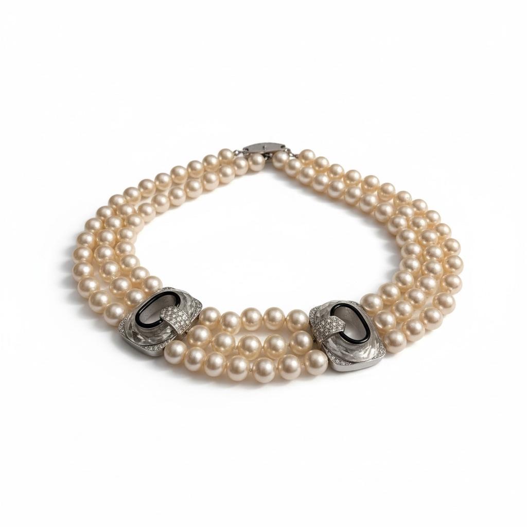 David Webb Pearl, Diamond, Onyx & Rock Crystal Necklace