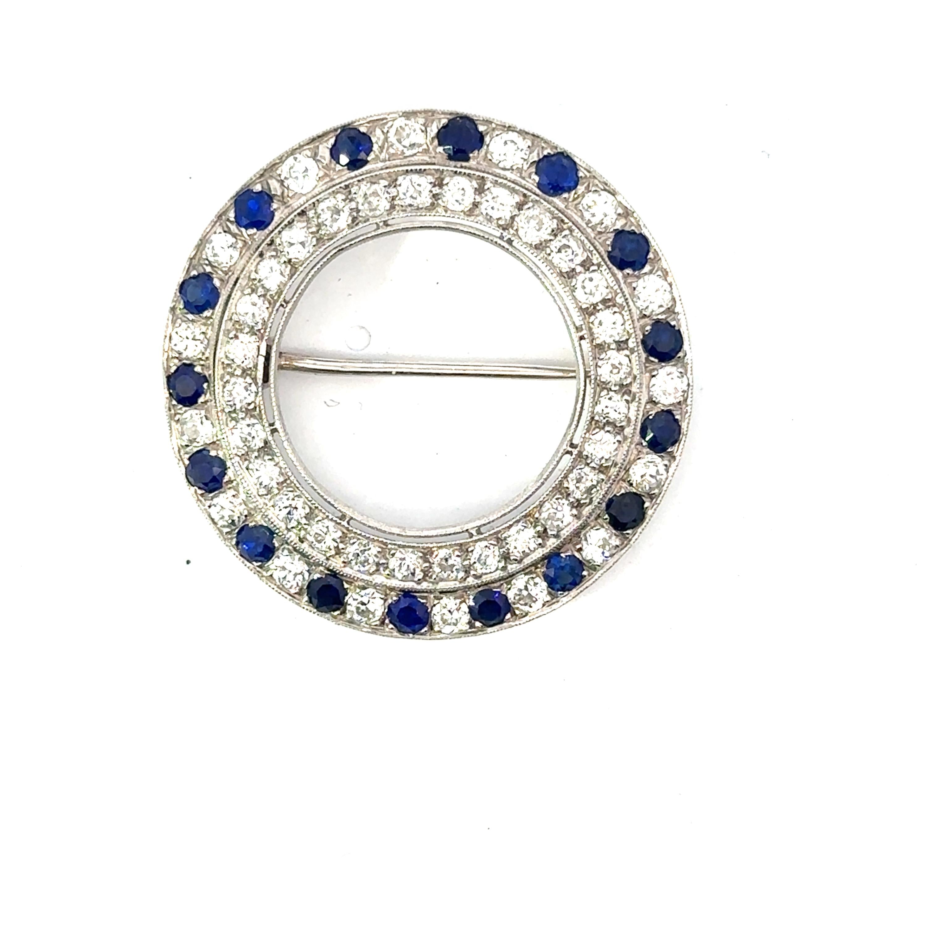 Platinum Art Deco Circular Sapphire and Diamond Brooch
