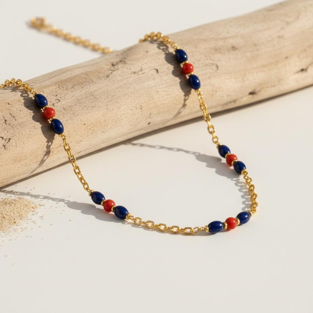 1970s Gold Coral and Sodalite Sautoir