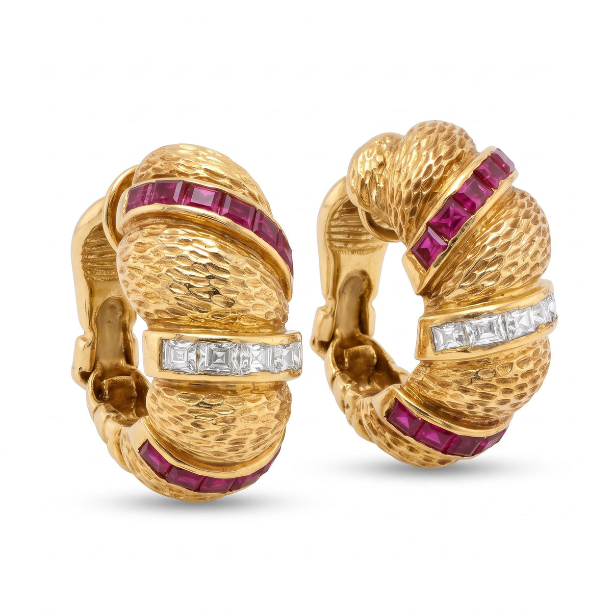 18K Gold French Cut Diamond Ruby Textured Earrings