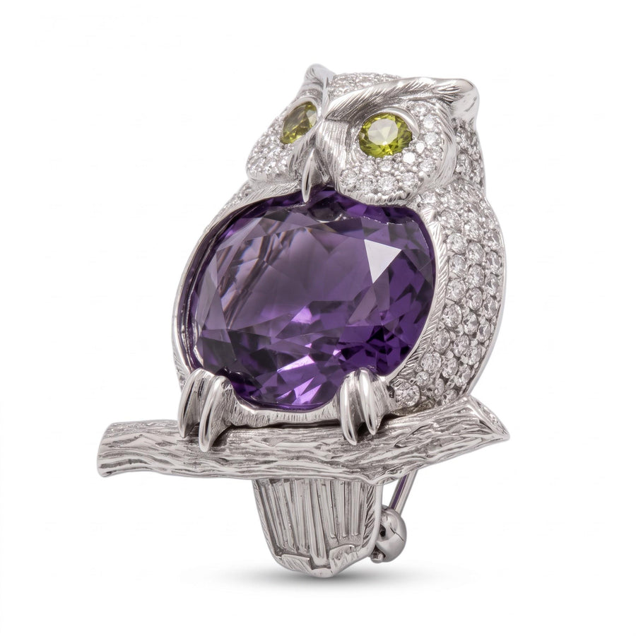 26.32 Carat Amethyst and Diamond Owl Brooch in 18K White Gold, Late 20th Century