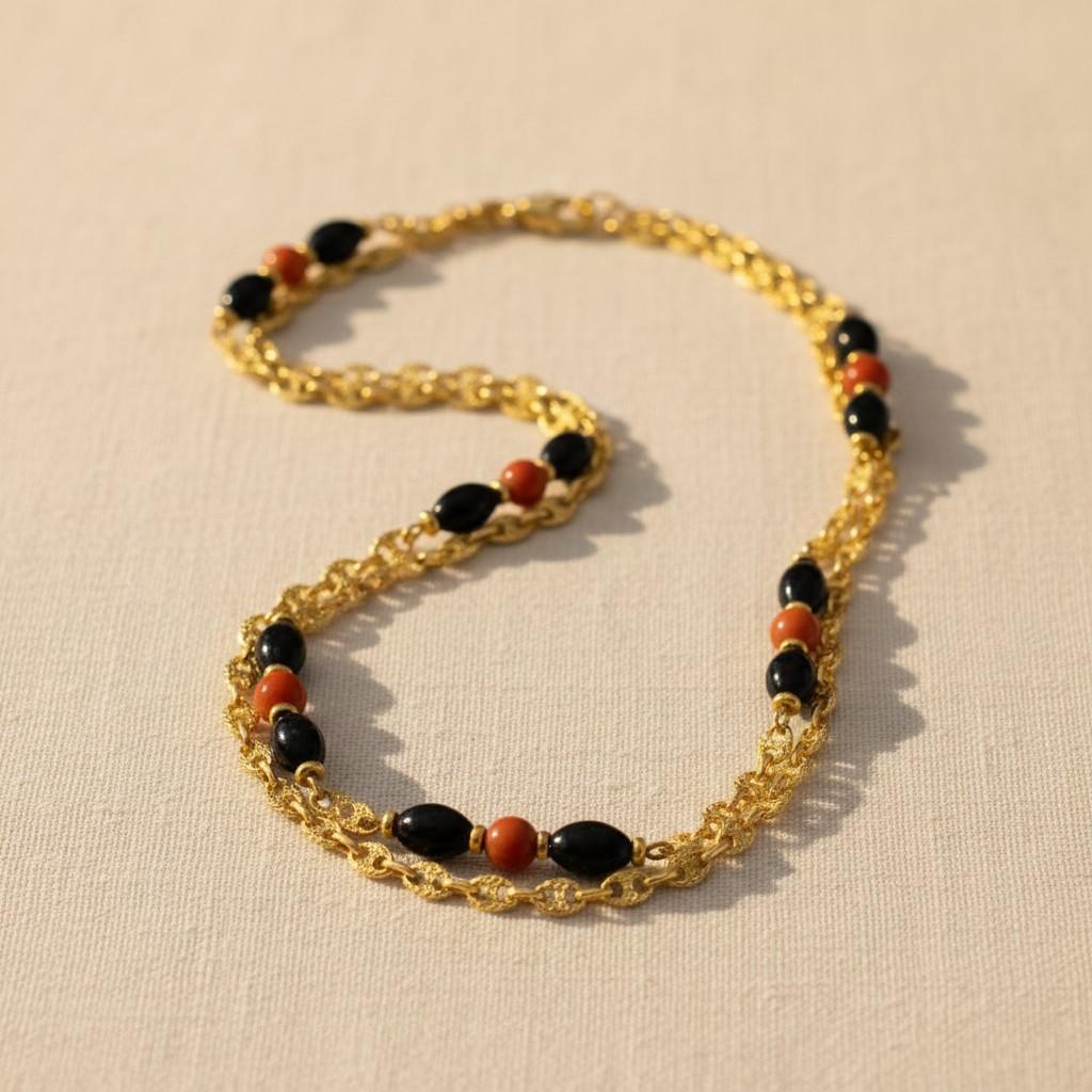 1970s Gold Coral and Sodalite Sautoir