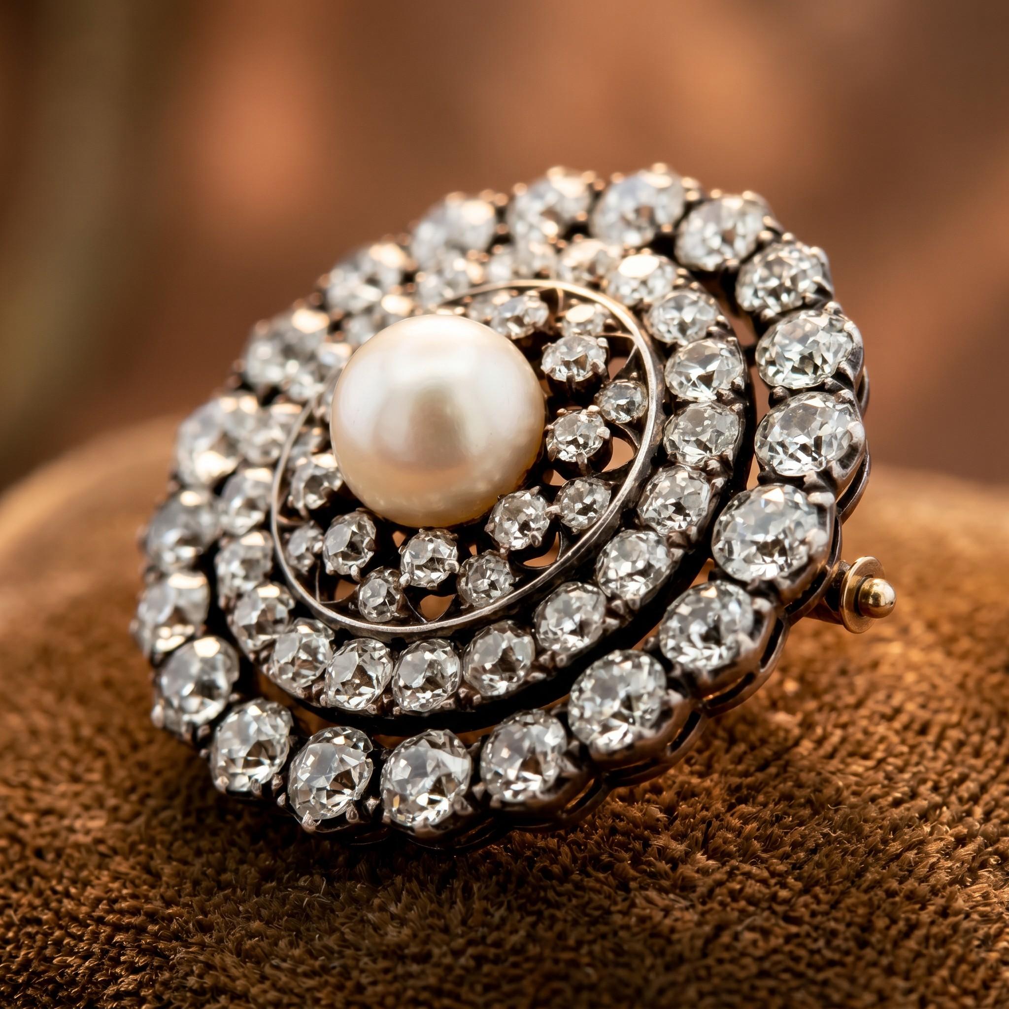 Victorian Natural Pearl and Old Mine Cut Diamond Brooch
