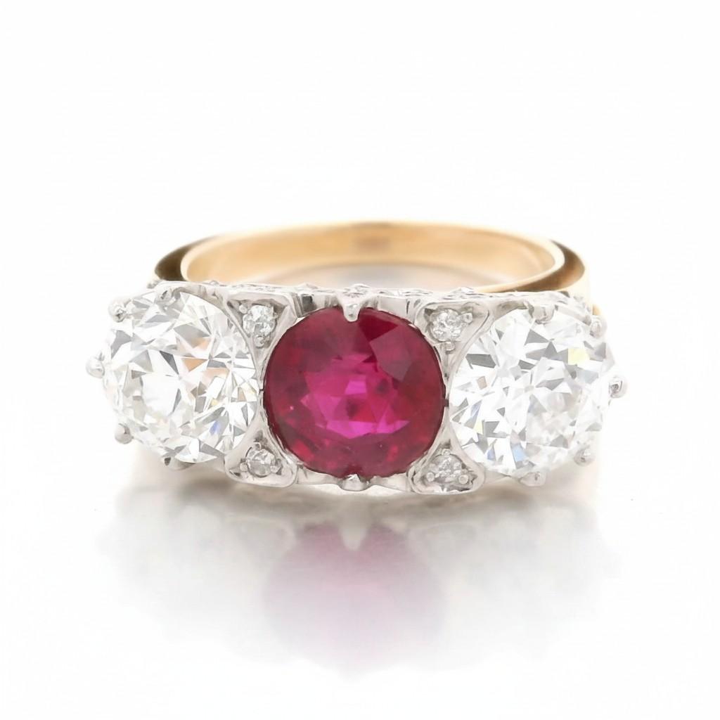 Burma No Heat Ruby and Diamond Three-Stone Ring by Marcus & Co.