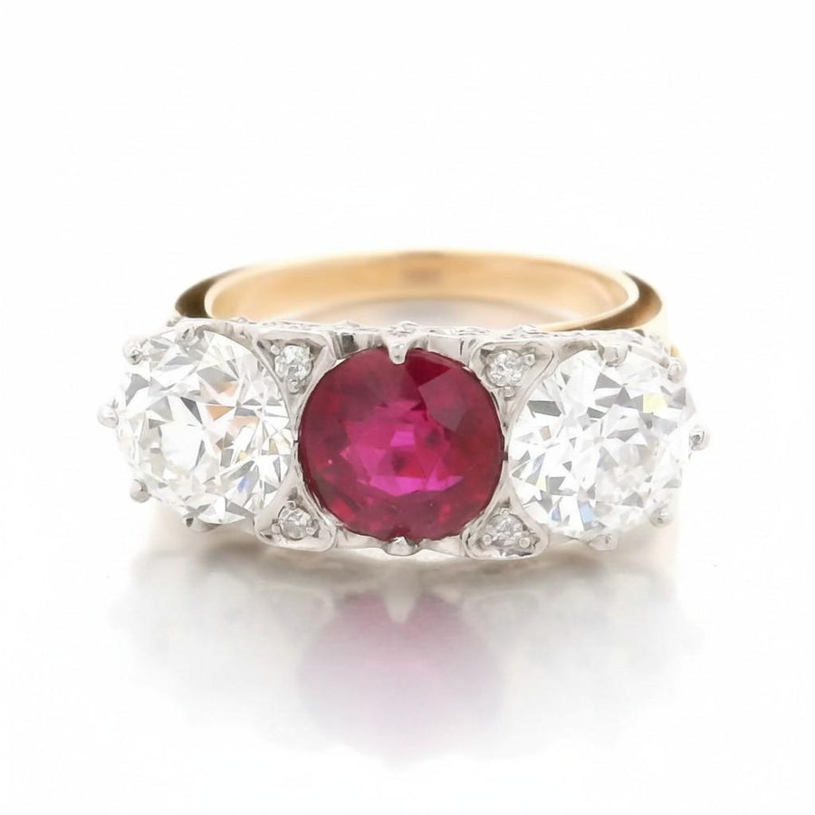 Marcus & Co. No-Heat Burma Ruby and Diamond Three-Stone Ring, Platinum and Gold