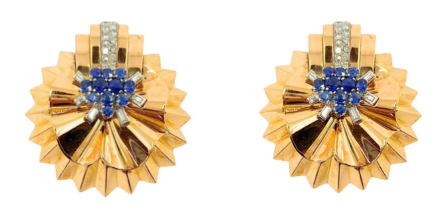 A pair of rose gold diamond and sapphire Retro brooches