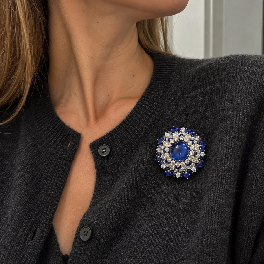 Oscar Heyman Cabochon Sapphire and Diamond Cluster Brooch in Platinum, 1950s, second view