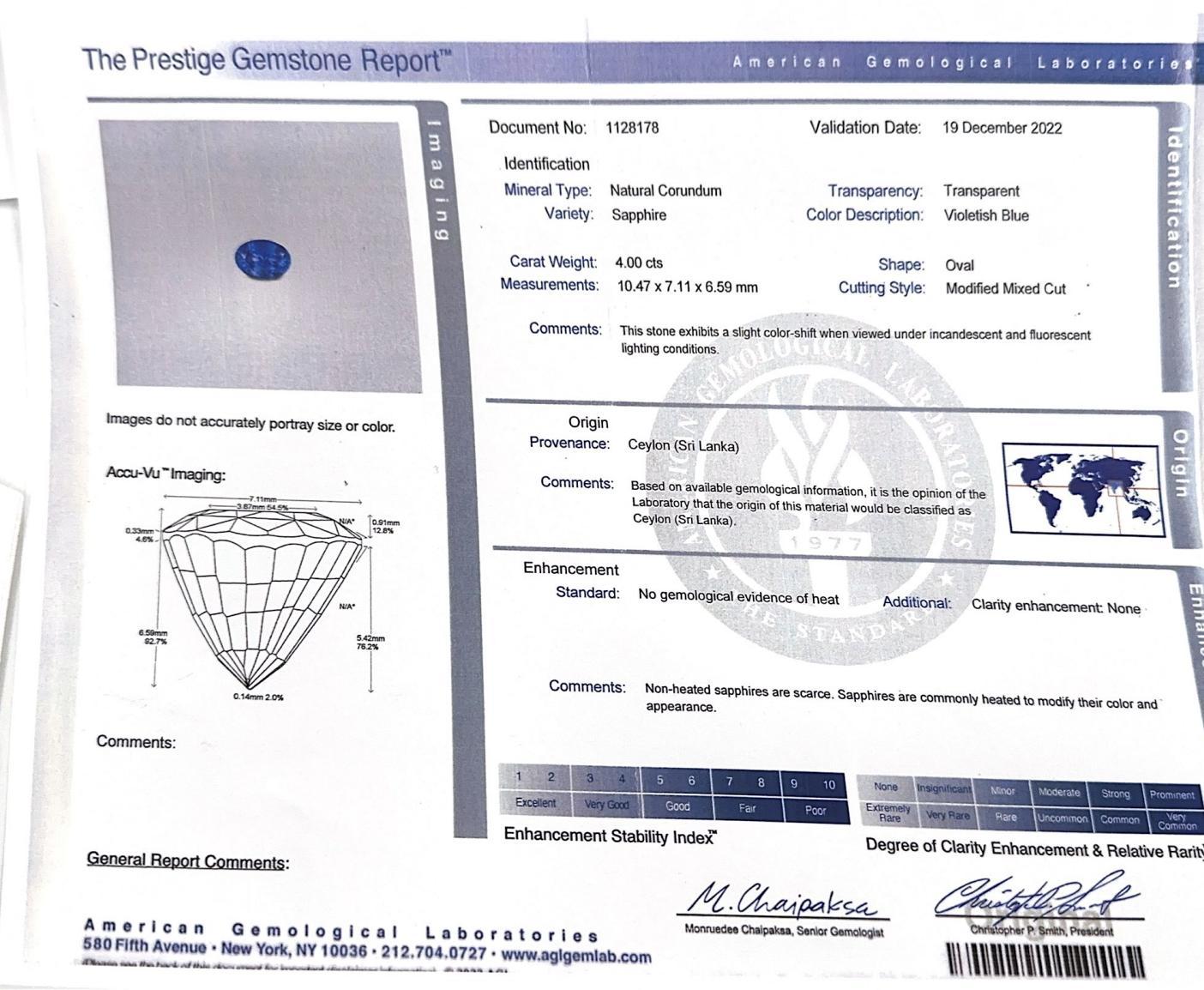 Platinum Art Deco 4.00 Ceylon NO heat AGL # 112178 Diamond Ring