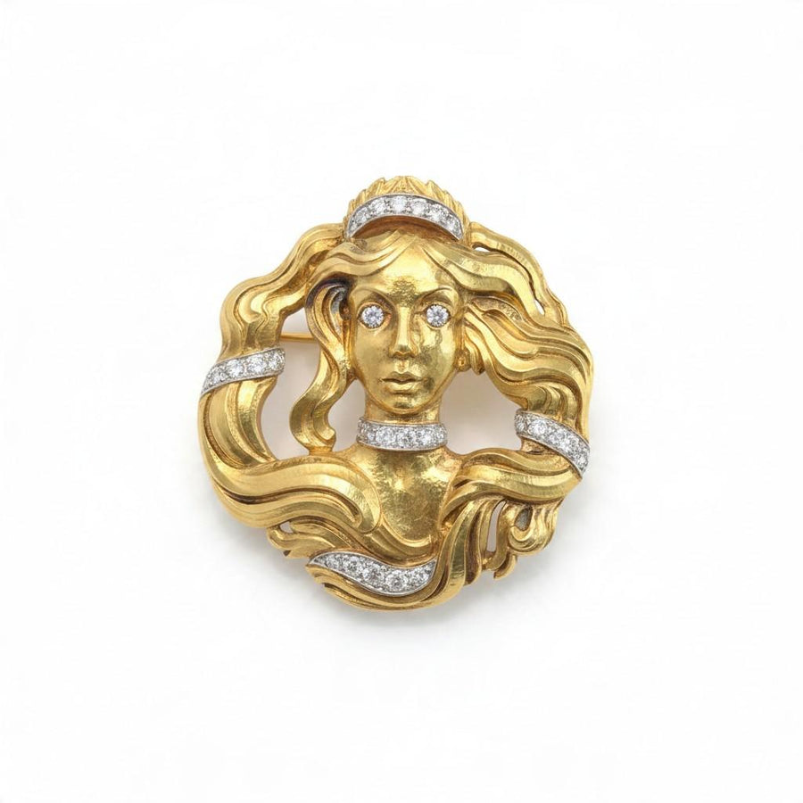 David Webb Medusa Diamond Pendant Brooch in 18K Yellow Gold, 1980s
