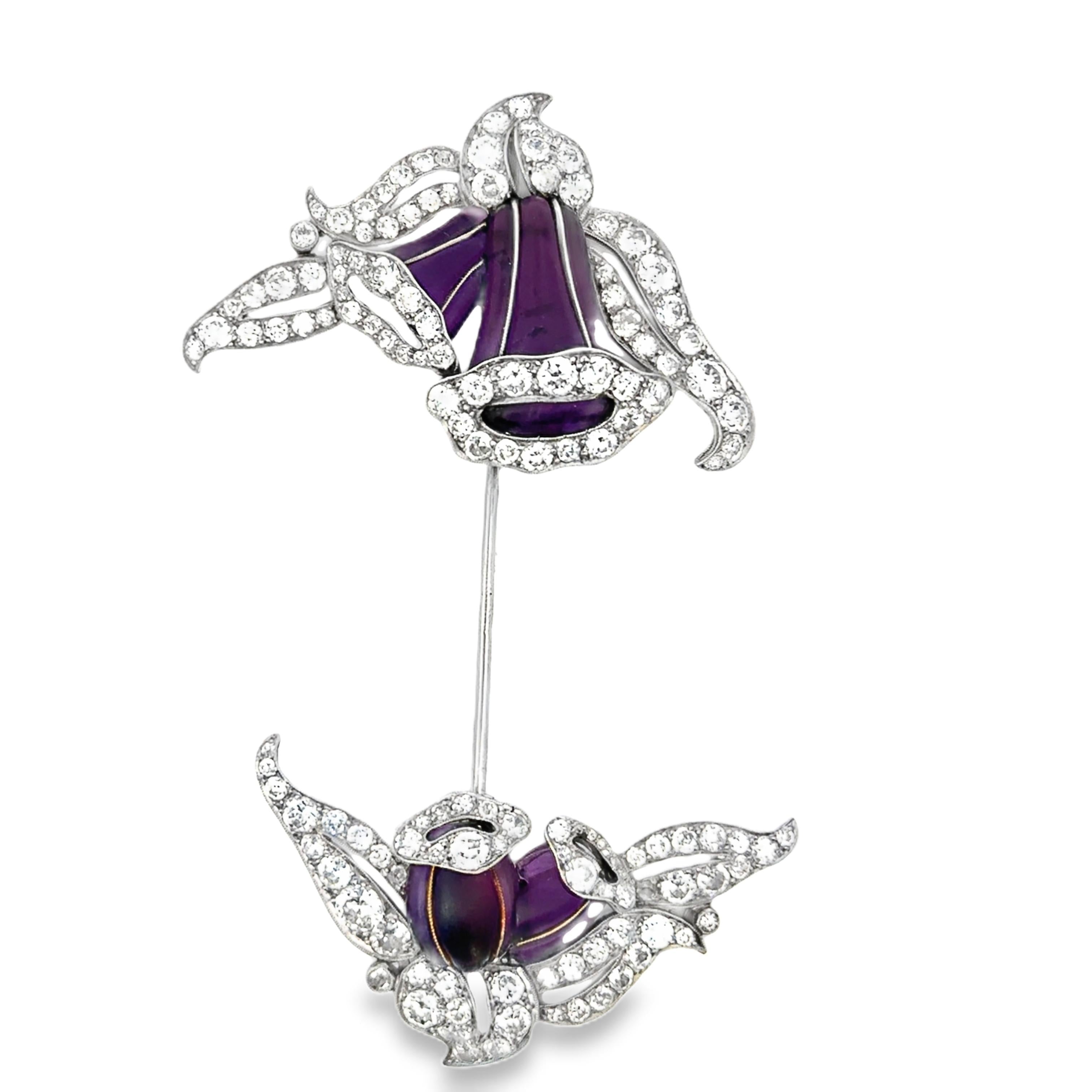 Platinum Art Deco French amethyst and diamond jabot pin
