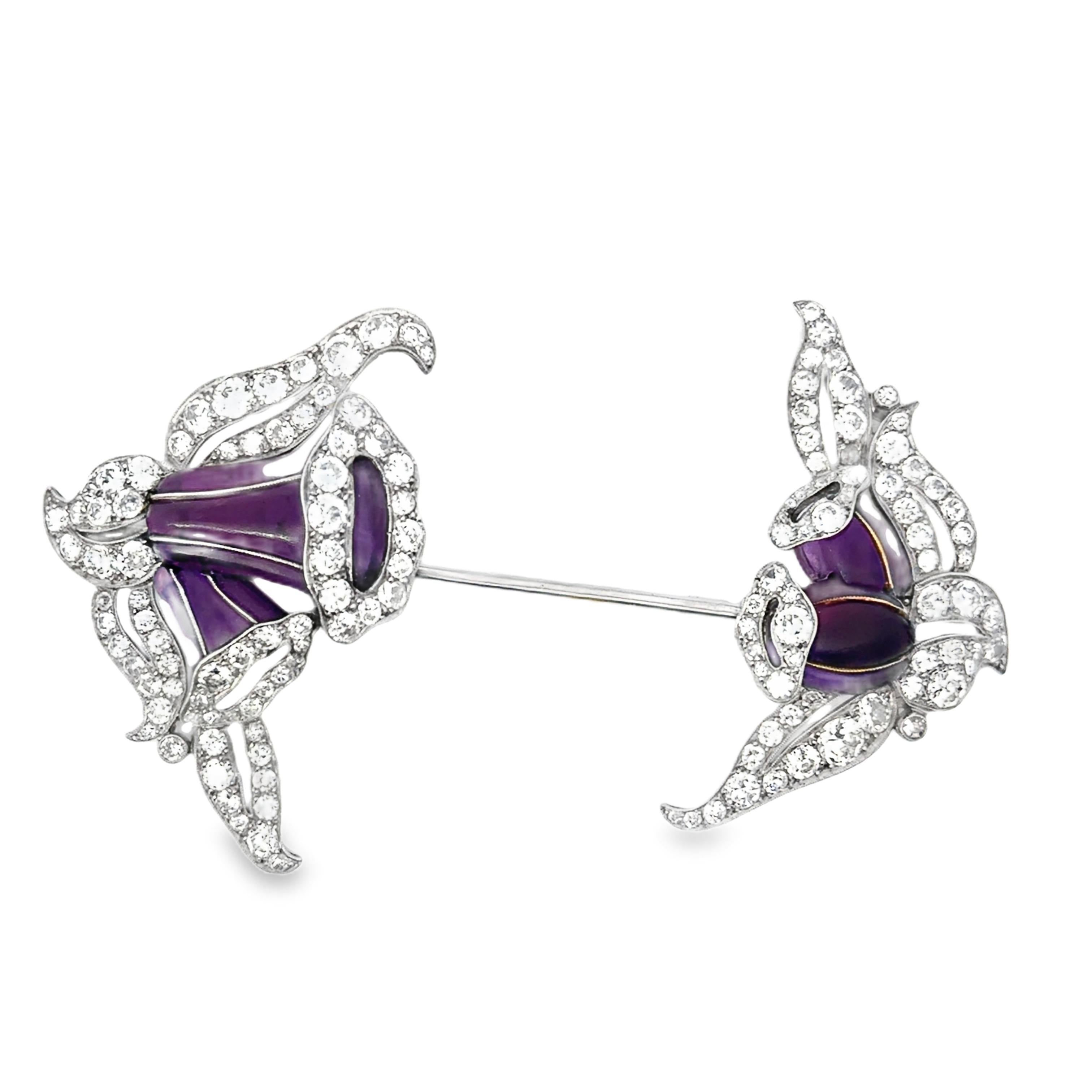 Platinum Art Deco French amethyst and diamond jabot pin