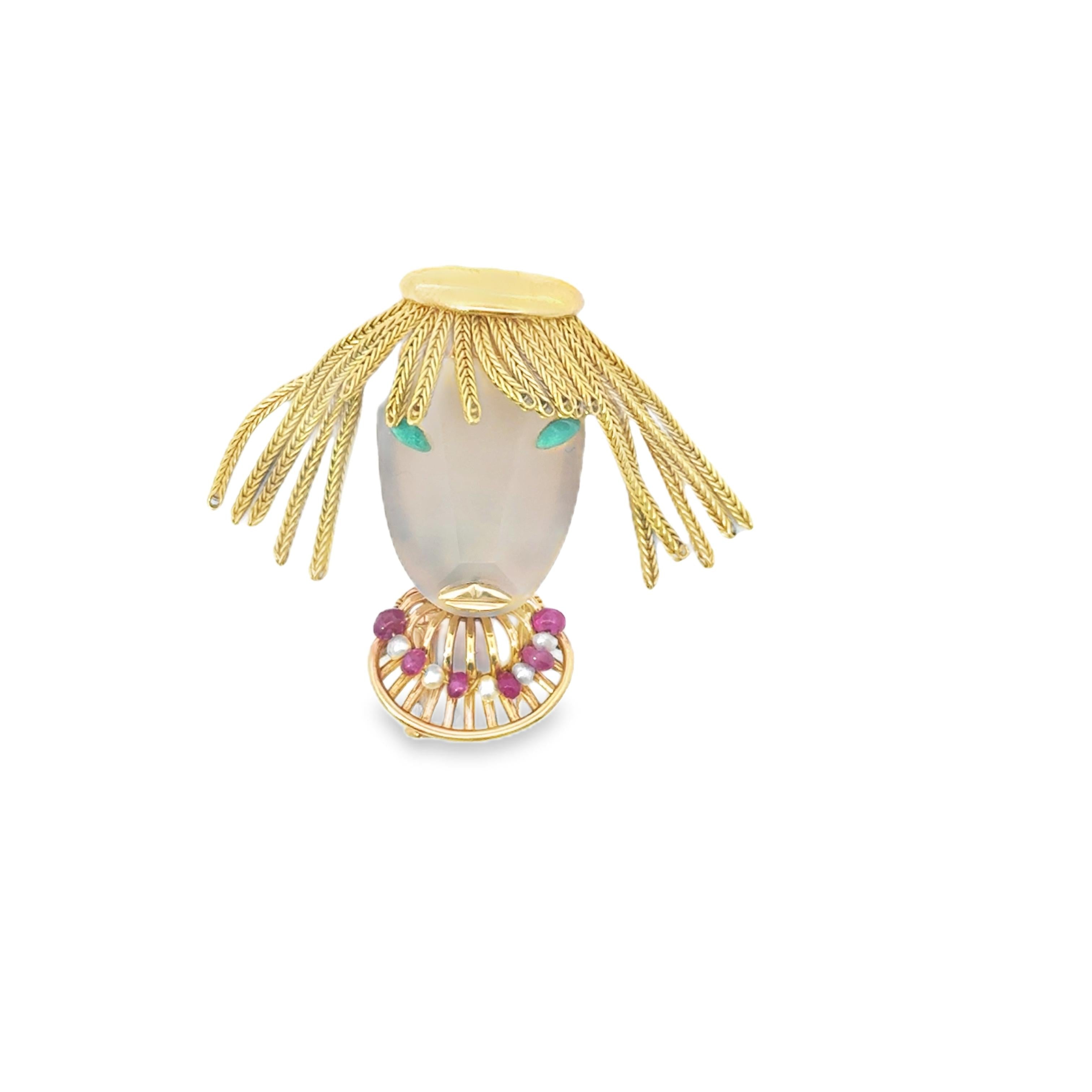 18k Yellow Gold French Vintage Pearl Ruby Brooch 'Woman'