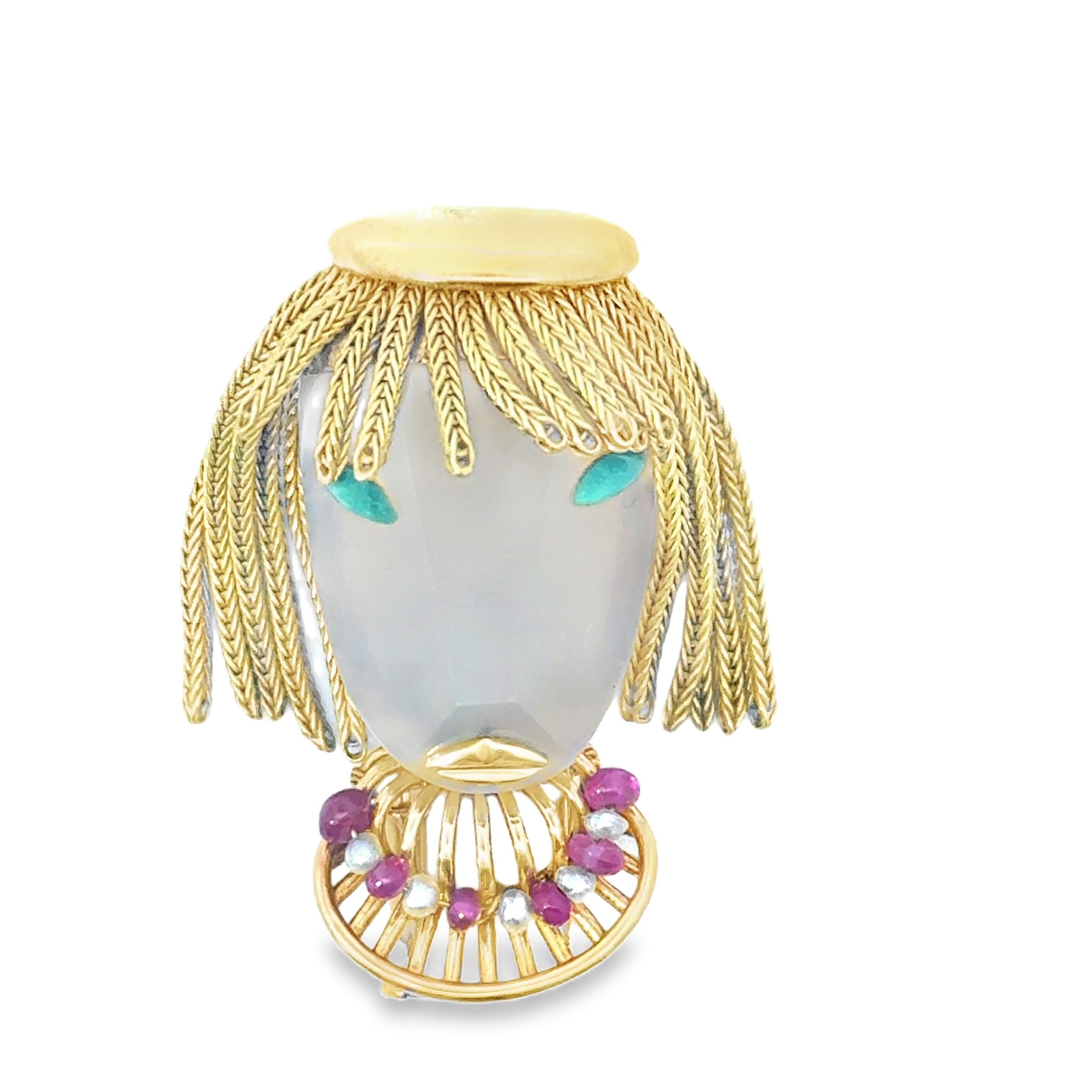 18k Yellow Gold French Vintage Pearl Ruby Brooch 'Woman'