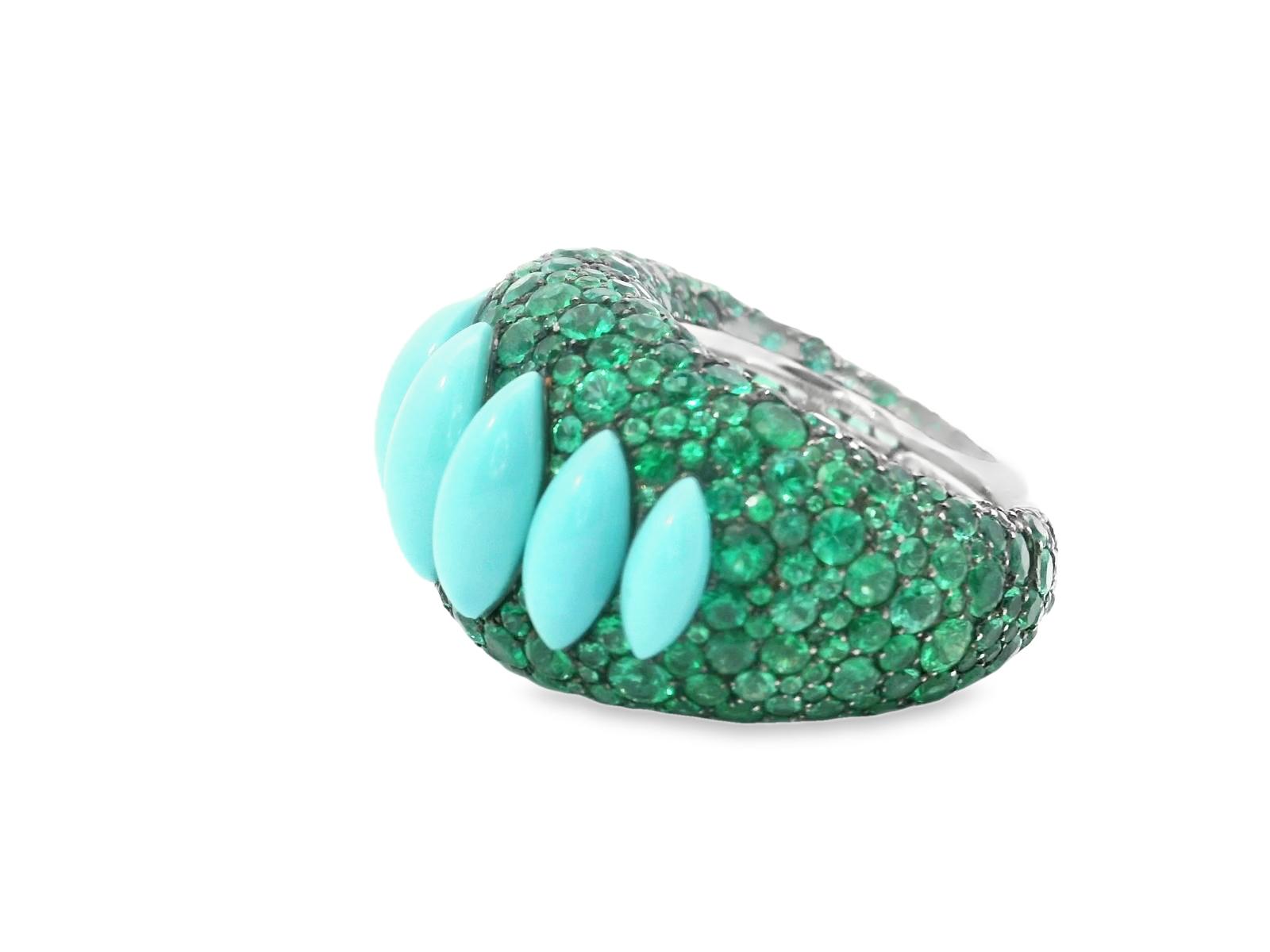 18k White Gold DeGrisogono Contemporary Emerald Turquoise Ring - 19GRAM