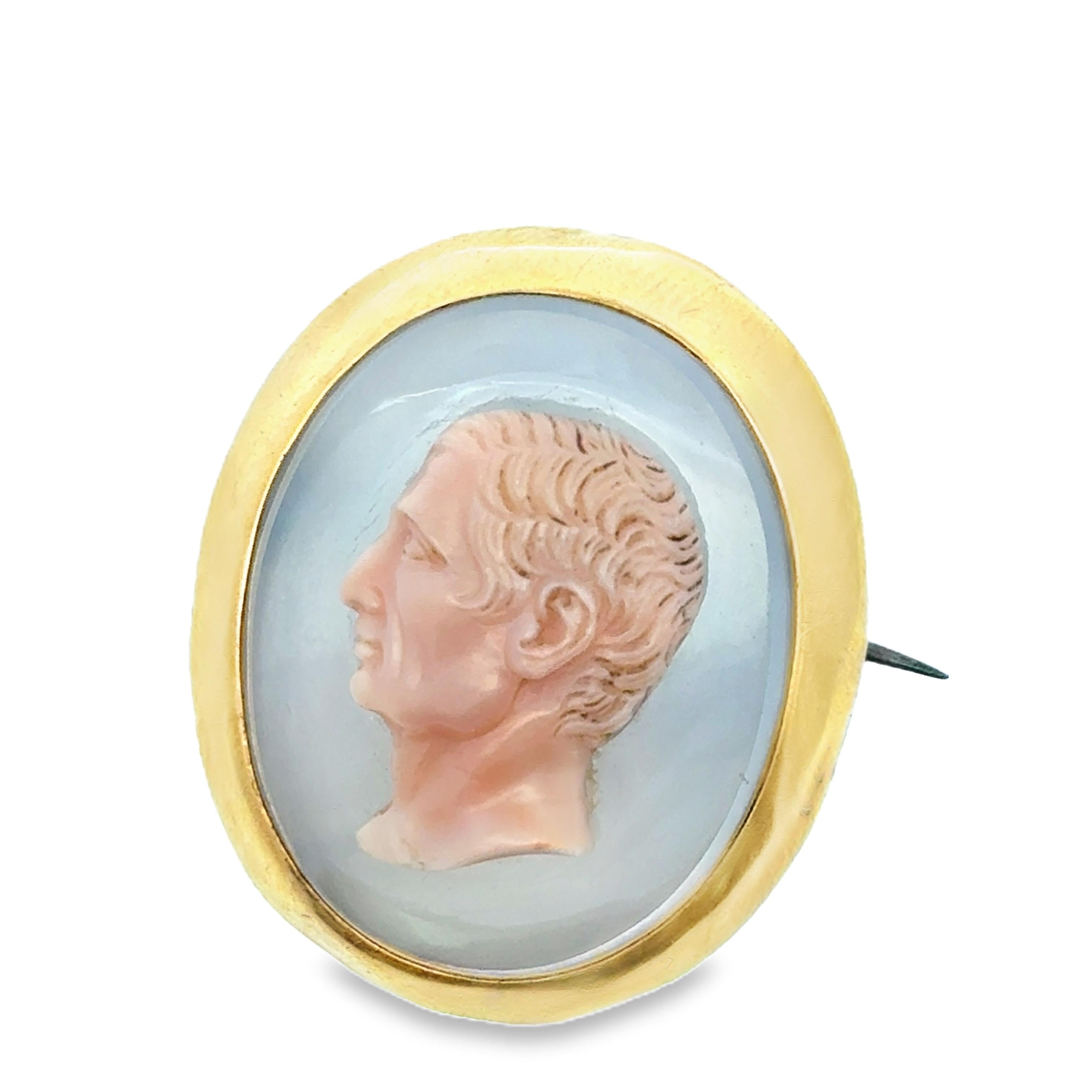 18k Yellow Gold French Victorian Agate Cameo Brooch