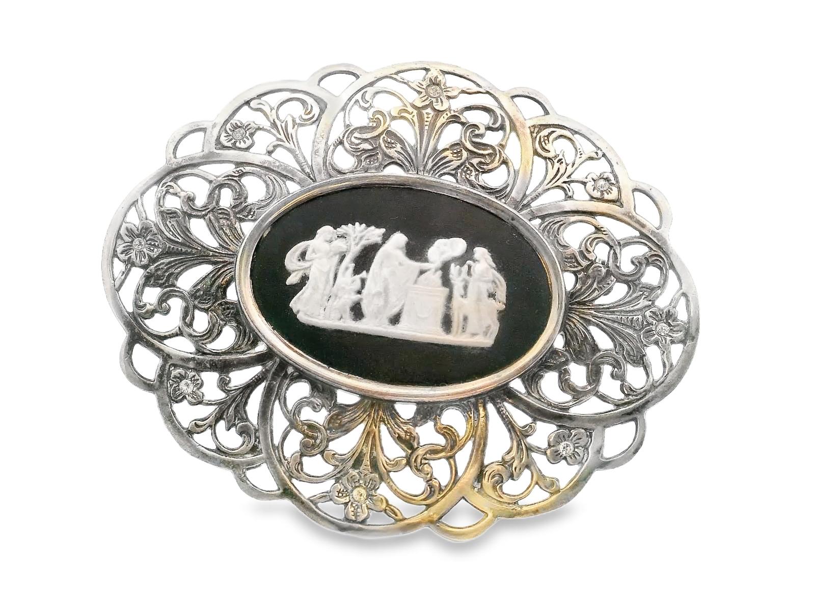 Silver English 1990s Ceramic Silver Pin Wedgewood Ceramic Cameo -