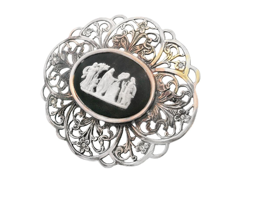 Wedgwood Ceramic Cameo Pin in Silver, English, 1990s, second view