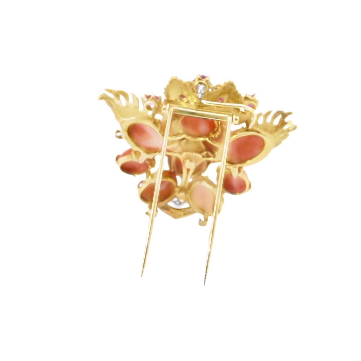 18K Yellow Gold and Platinum Coral Diamond Gem Set Cat Pin