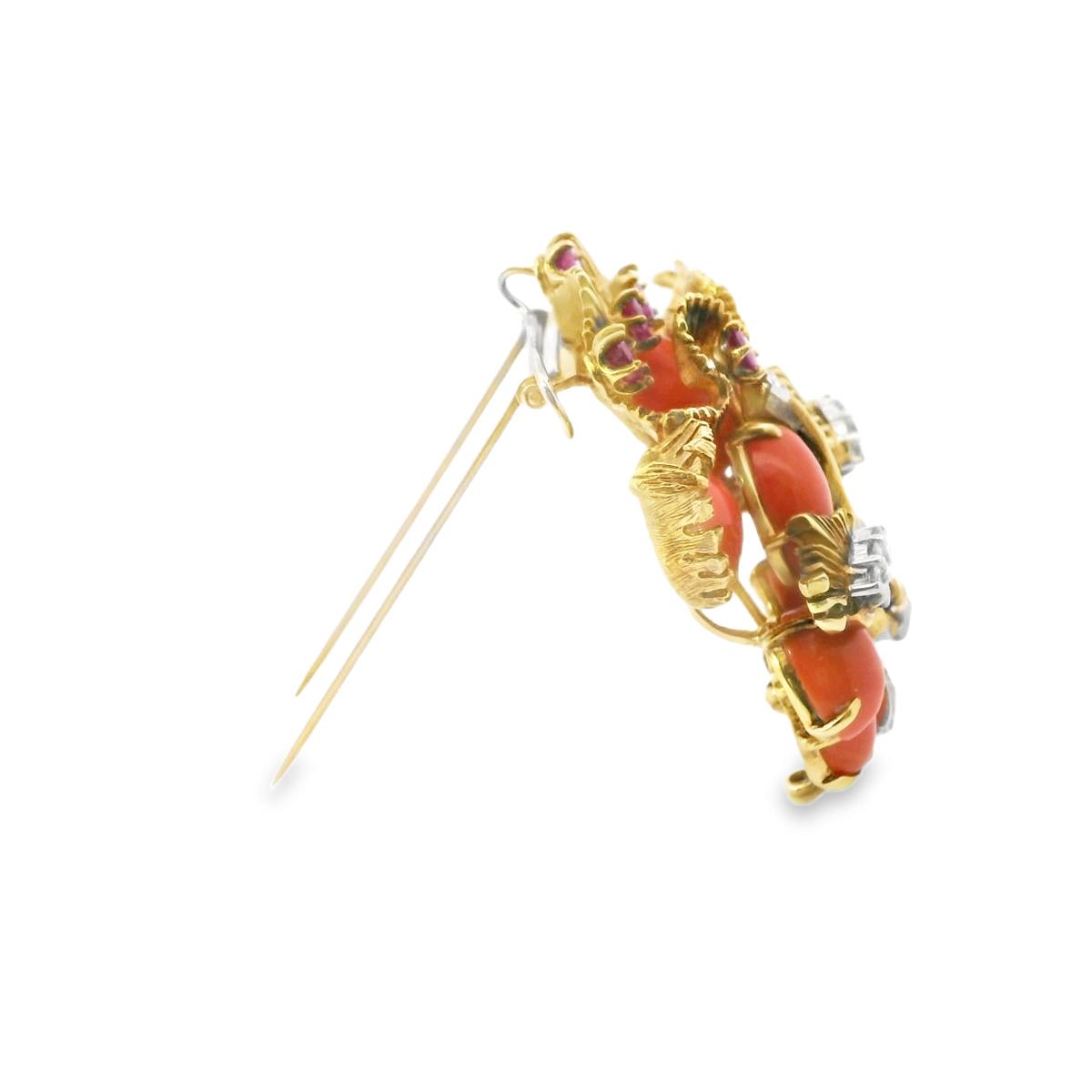 18K Yellow Gold and Platinum Coral Diamond Gem Set Cat Pin
