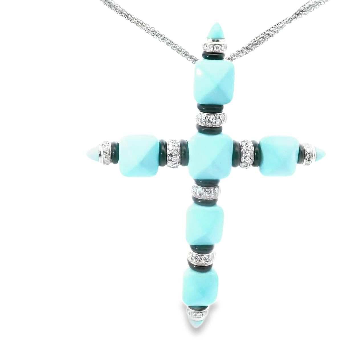 18k White Gold Italian Vintage Diamond Turquoise Onyx Cross Pendant