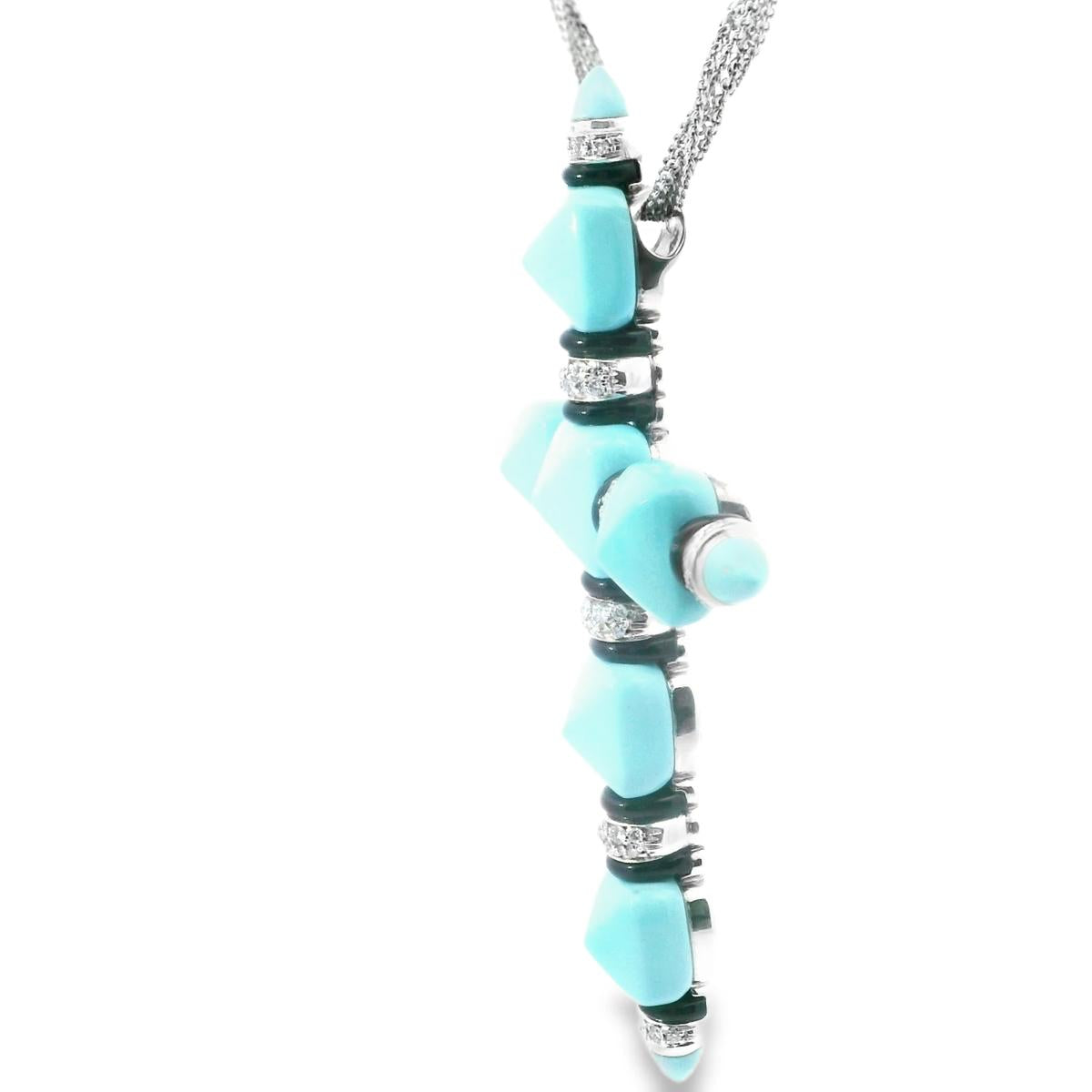 18k White Gold Italian Vintage Diamond Turquoise Onyx Cross Pendant