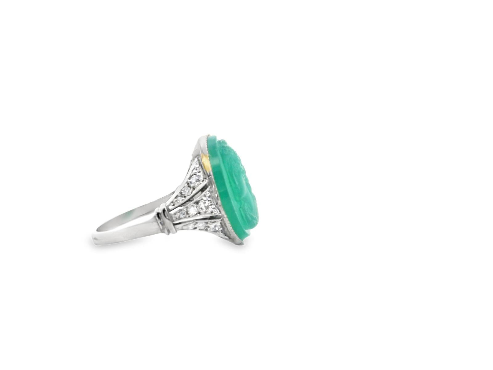 Chrysoprase Intaglio Ring with Diamond Accents in Platinum, circa 1930