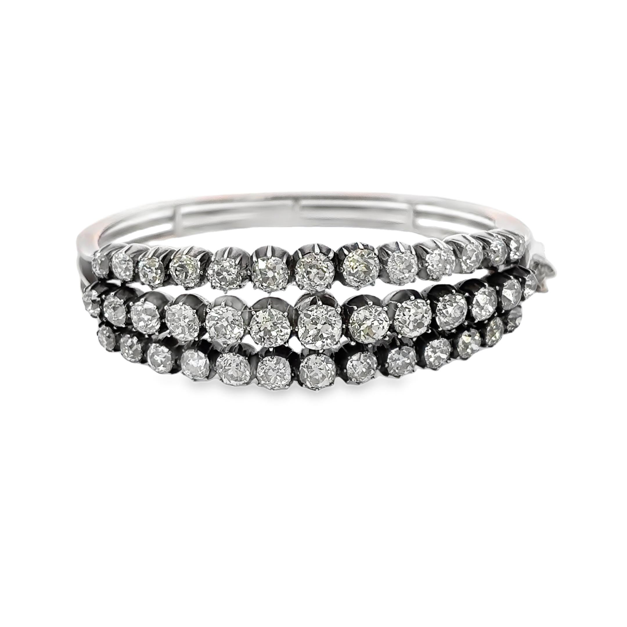 Victorian Three-Row Diamond Bangle Old Mine Cut Diamonds, 18K Gold & Silver