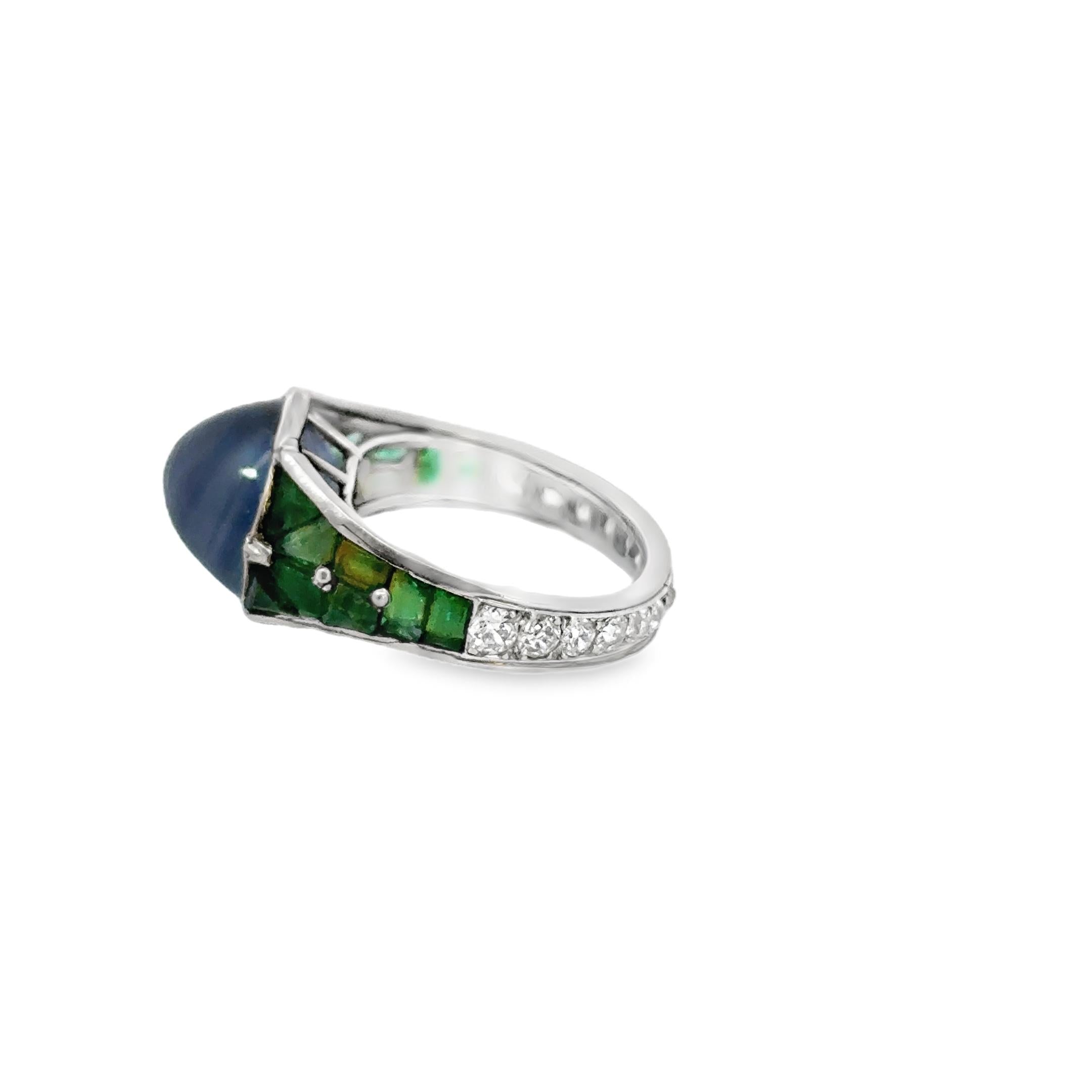 Platinum Art Deco Sugar Loaf Sapphire Emerald Diamond Ring