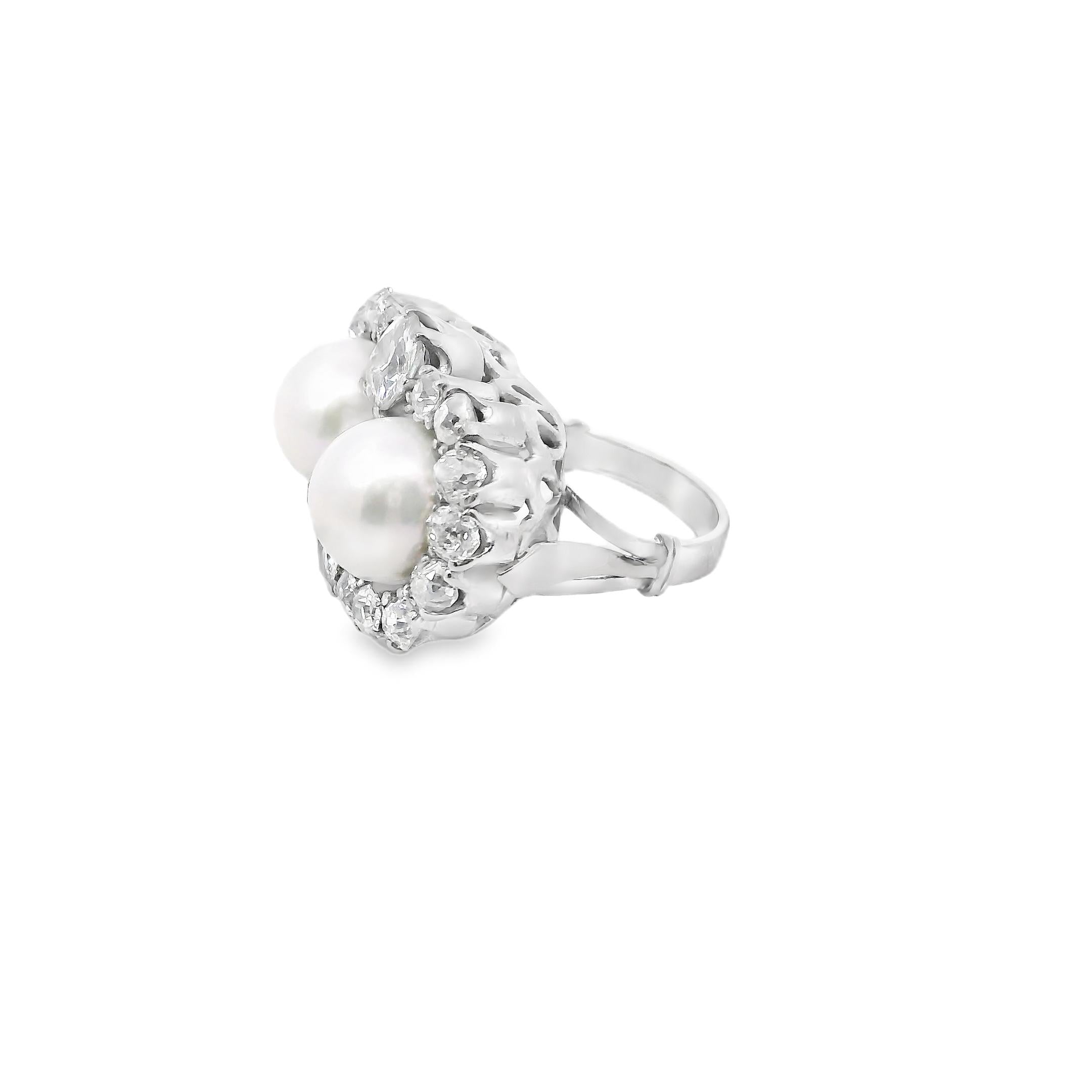 18K White Gold Retro Diamond Pearl Ring