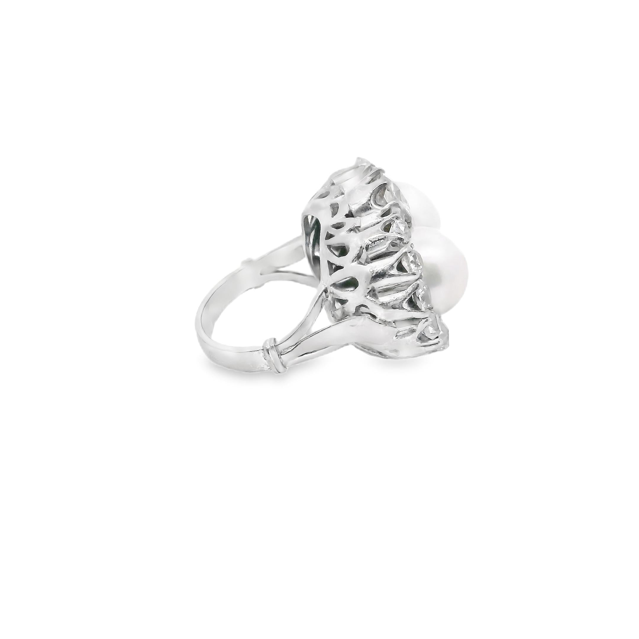 18K White Gold Retro Diamond Pearl Ring