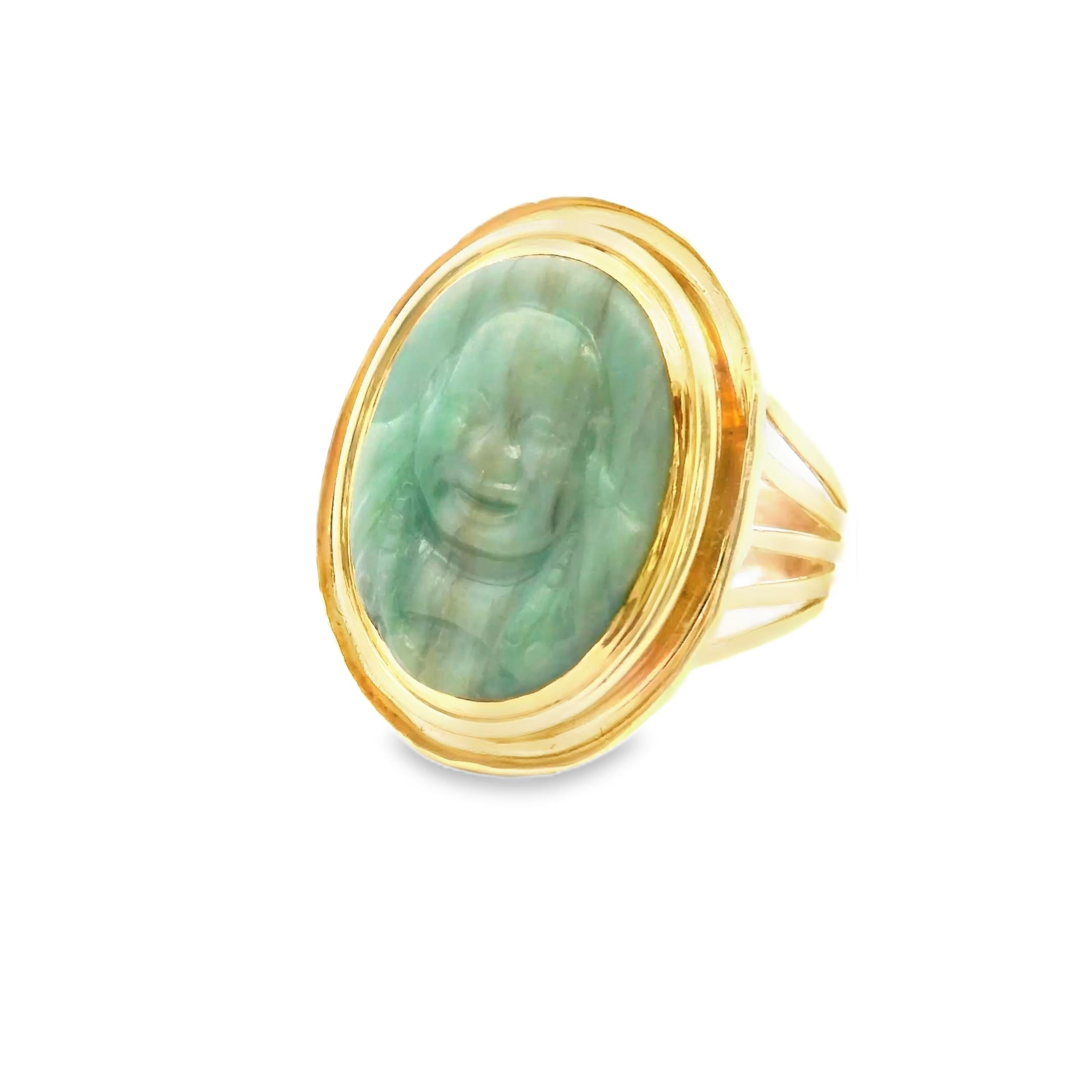 1950s French Carved Jade Buddha Ring in 18K Yellow Gold
