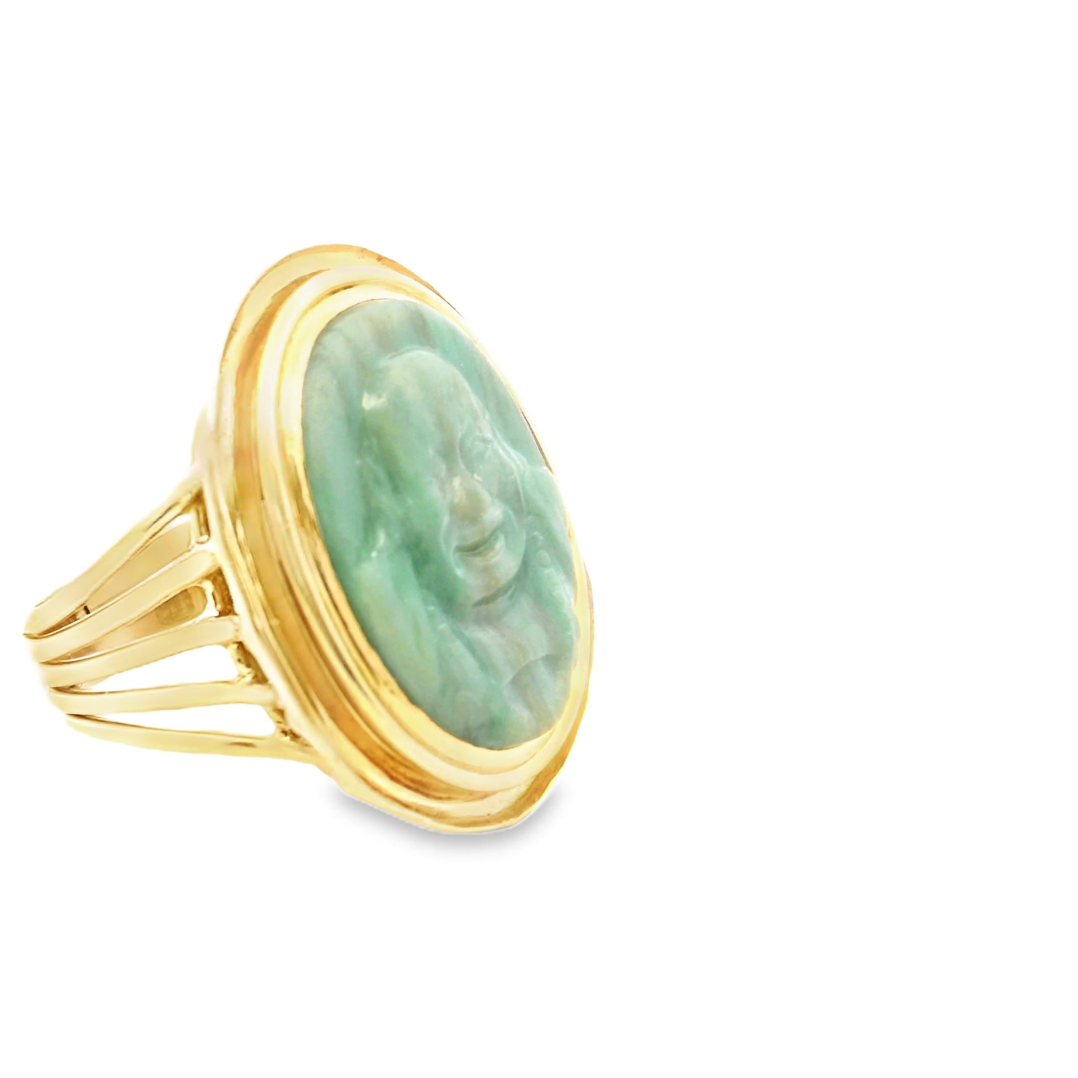 1950s French Carved Jade Buddha Ring in 18K Yellow Gold