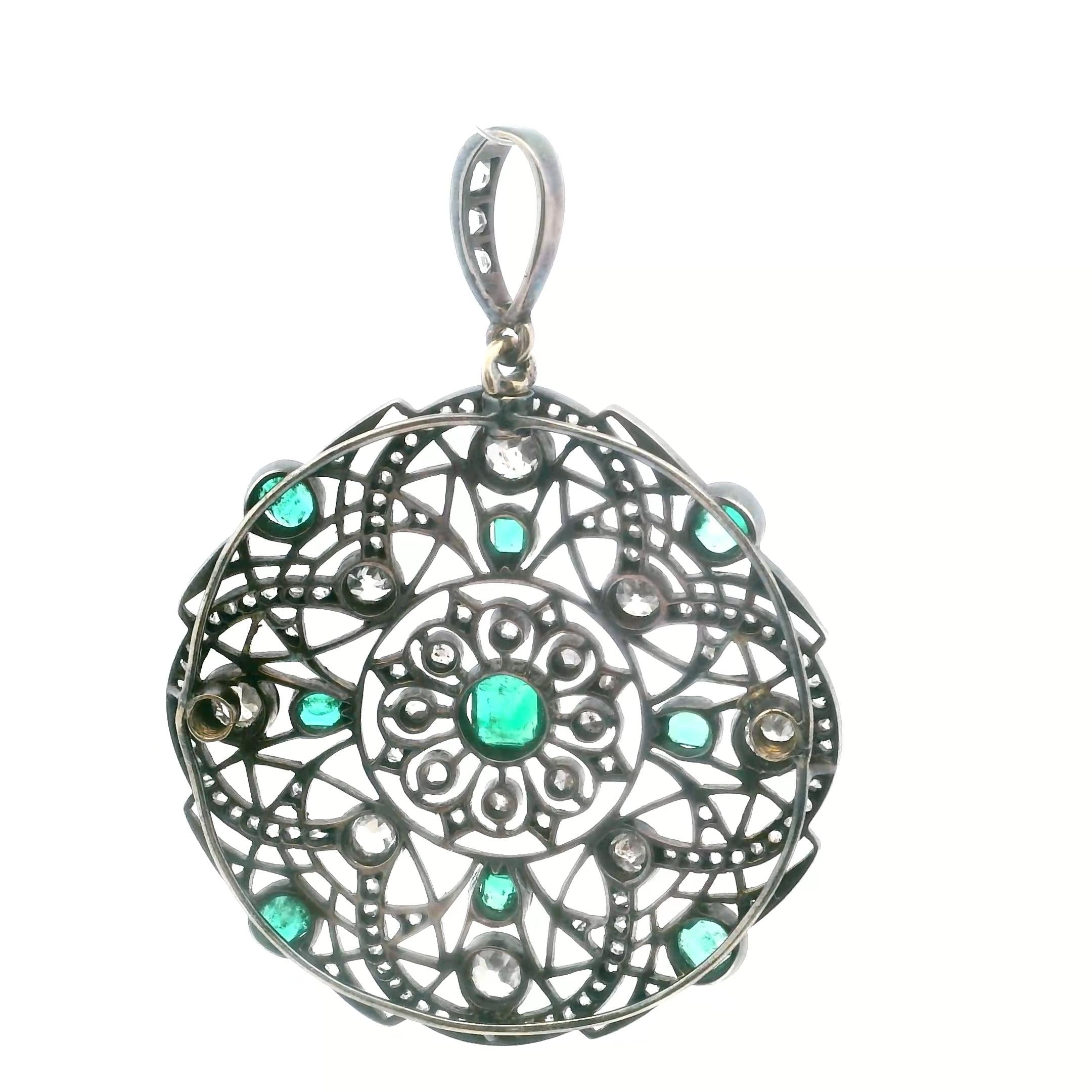 Emerald and Diamond Openwork Pendant Gold and Silver · Circa 1880