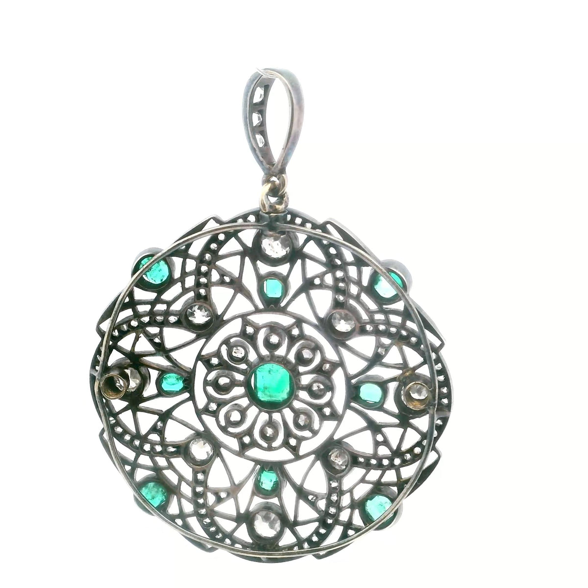Emerald and Diamond Openwork Pendant Gold and Silver · Circa 1880