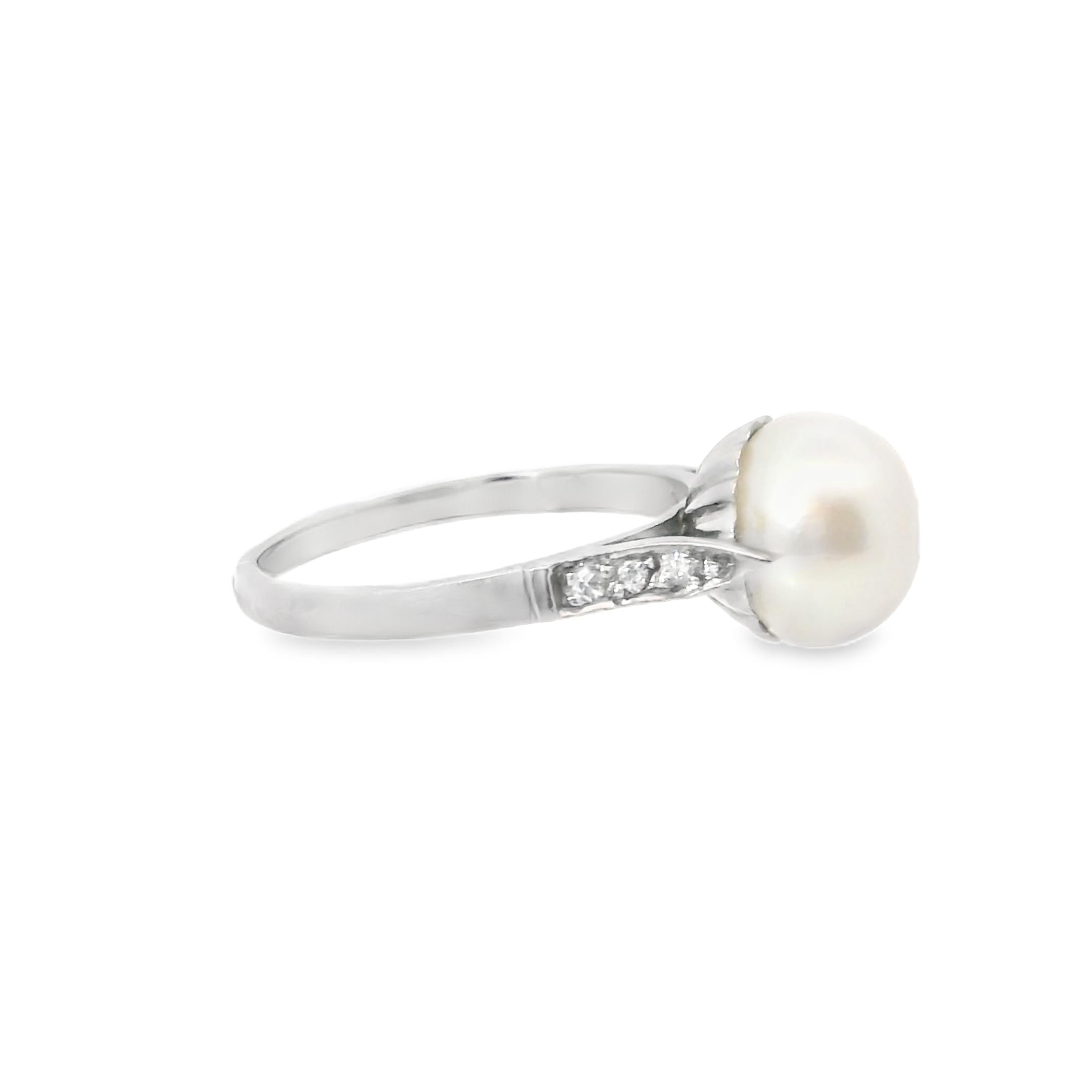 1910 French Platinum Ring with Natural Saltwater Pearl and Diamonds