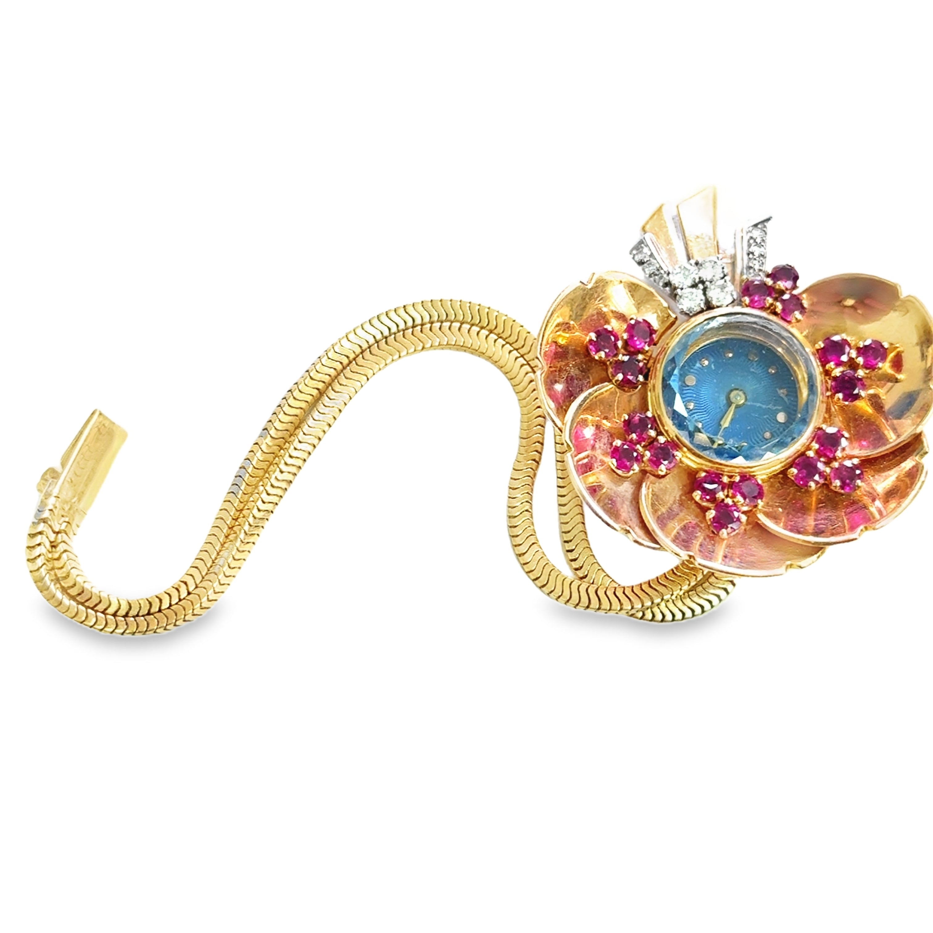 1940s Two-Tone Gold Floral Watch with Ruby and Diamond Accents