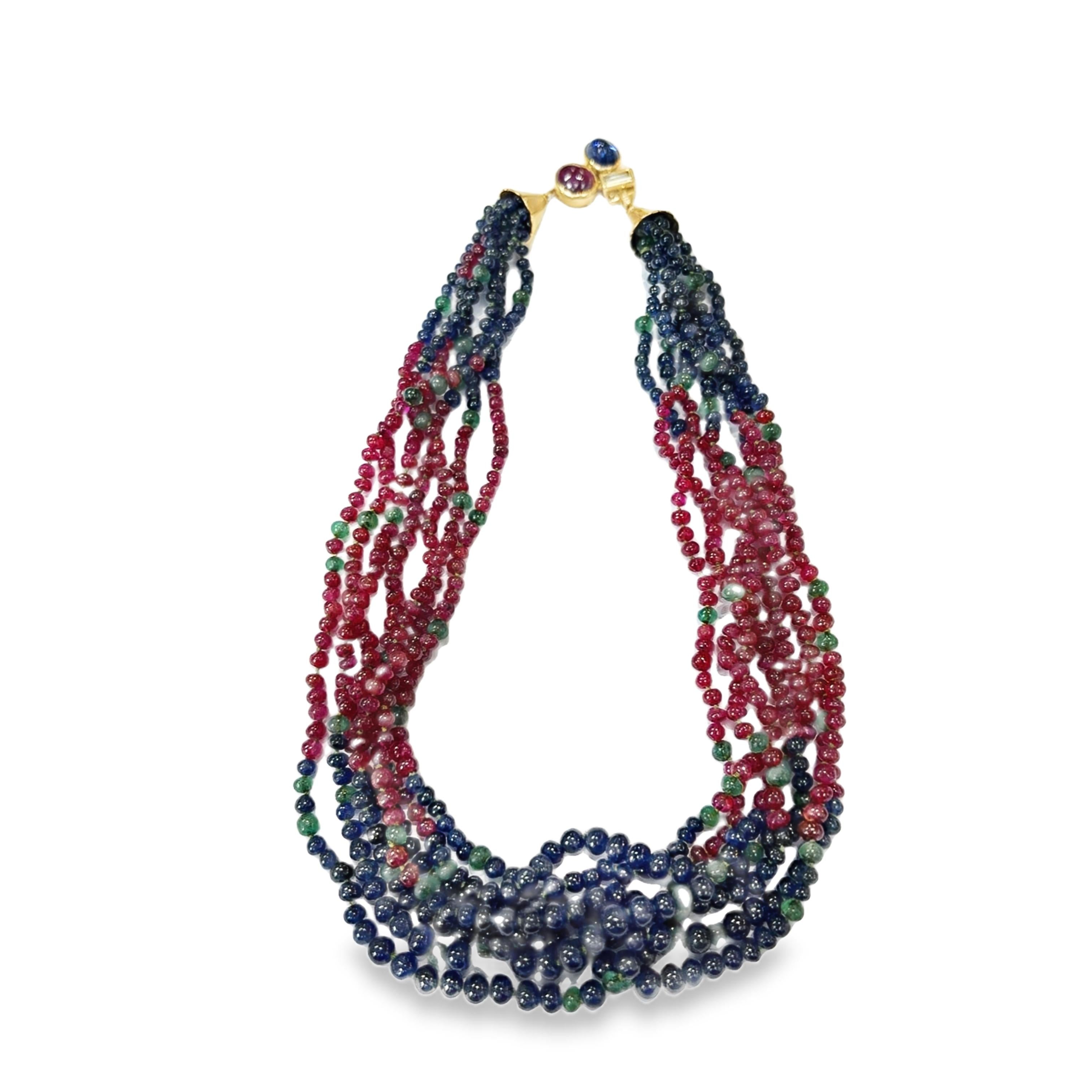 14K Retro Ruby Emerald Sapphire Beads Necklace with Ruby Sapphire Diamond Claps