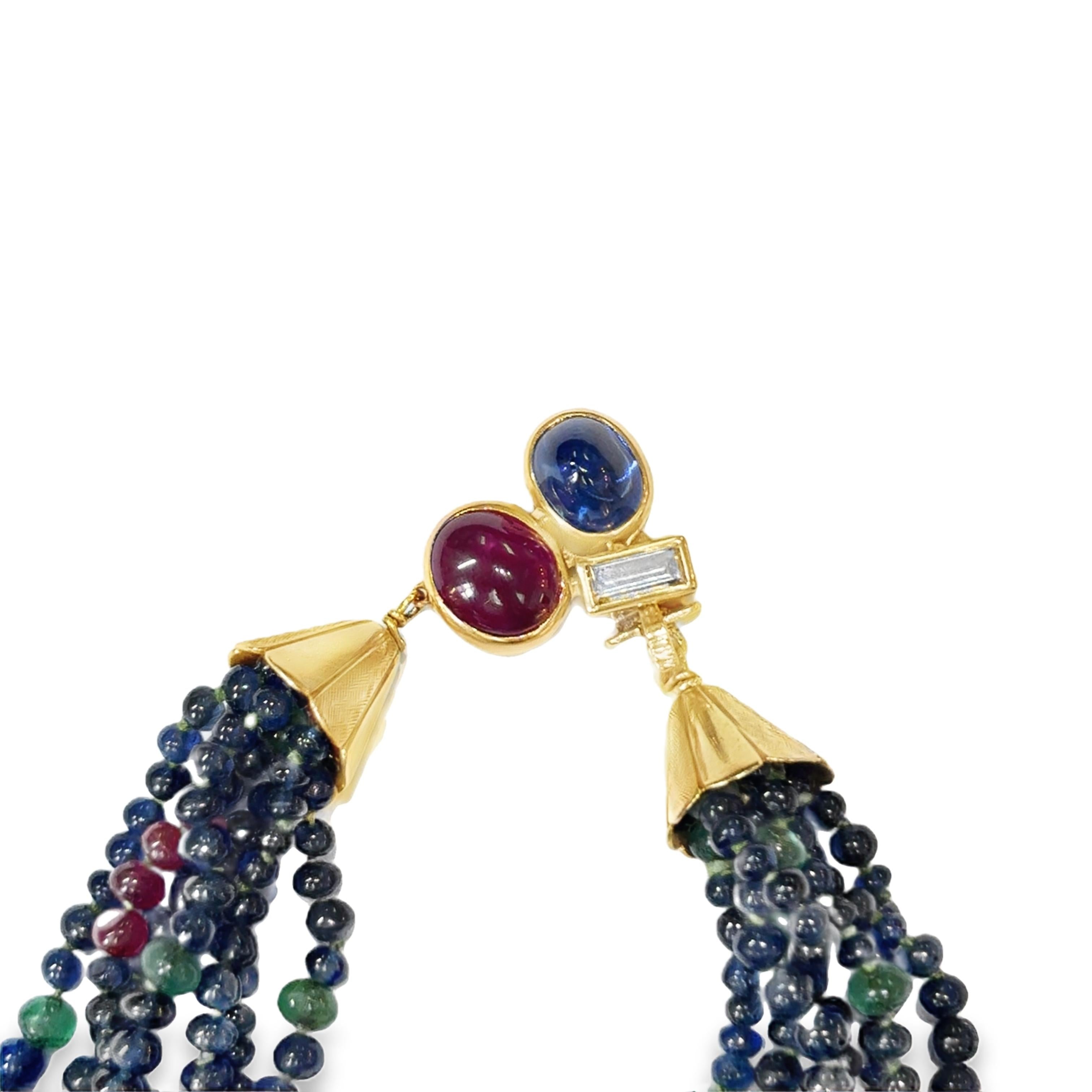 14K Retro Ruby Emerald Sapphire Beads Necklace with Ruby Sapphire Diamond Claps
