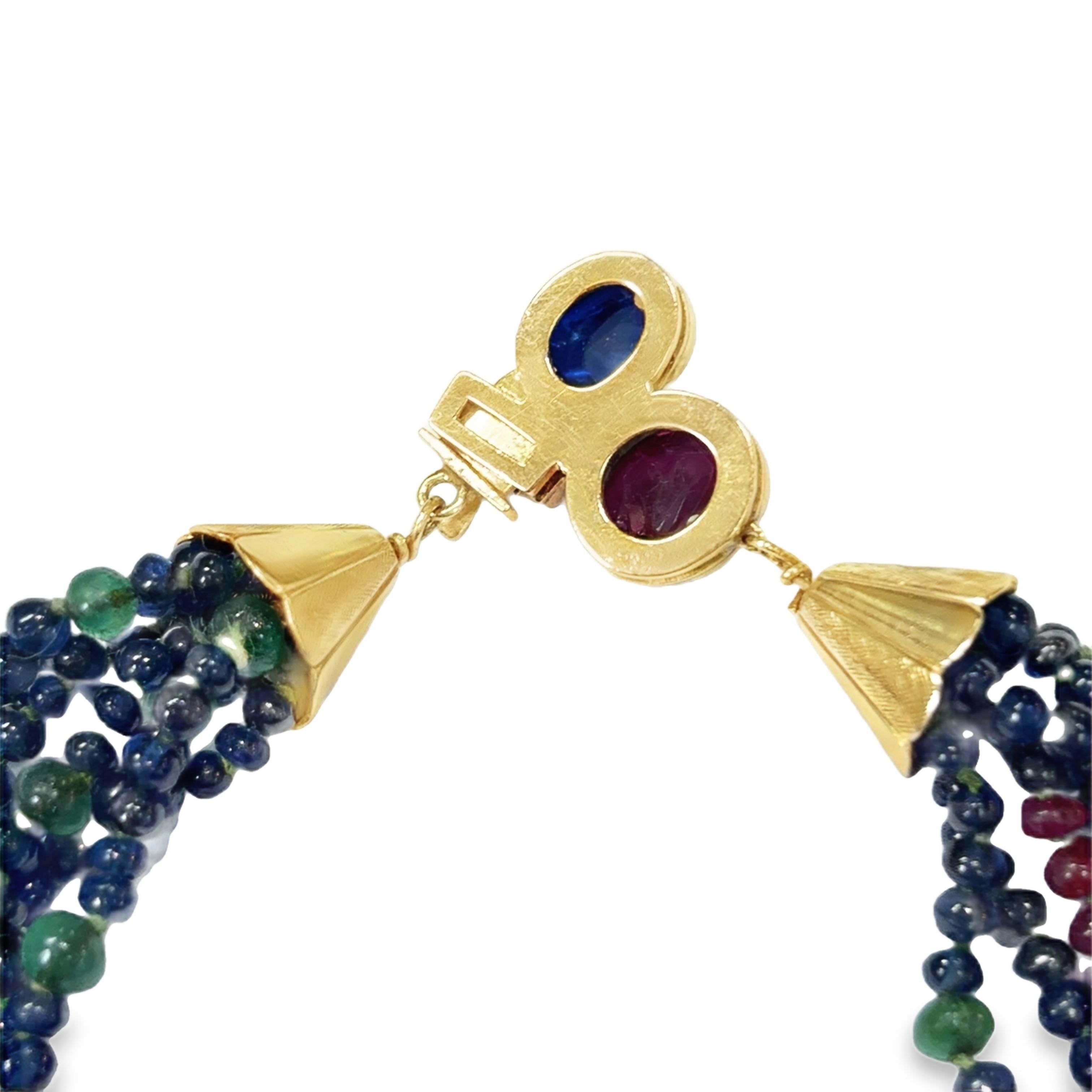 14K Retro Ruby Emerald Sapphire Beads Necklace with Ruby Sapphire Diamond Claps