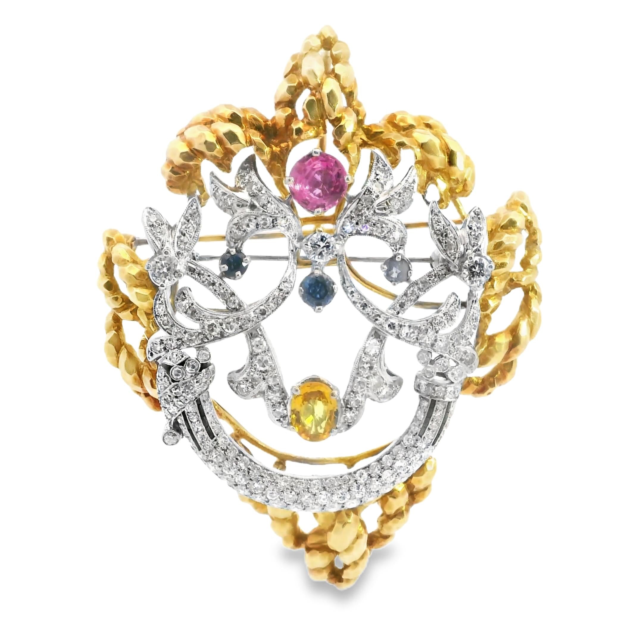 Convertible 18k Gold Brooch with Pink Yellow and Blue Sapphires by Wander