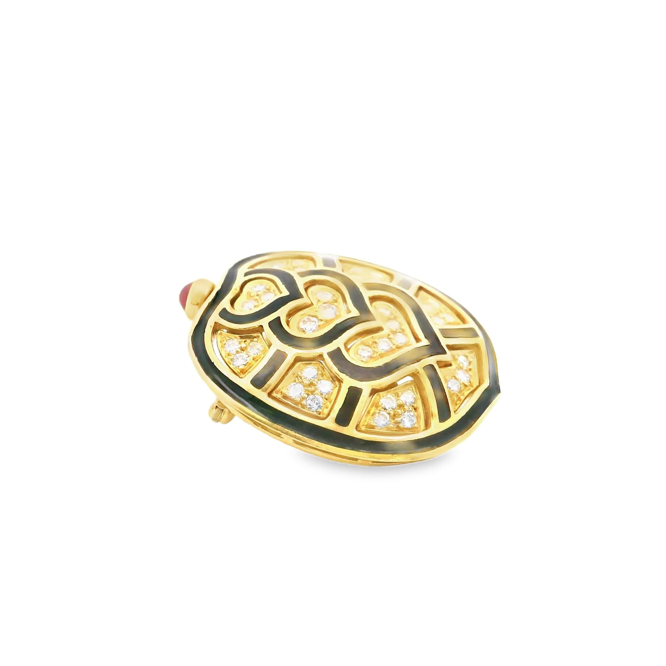 Judith Leiber 18K Yellow Gold Diamond, Enamel, and Ruby Brooch