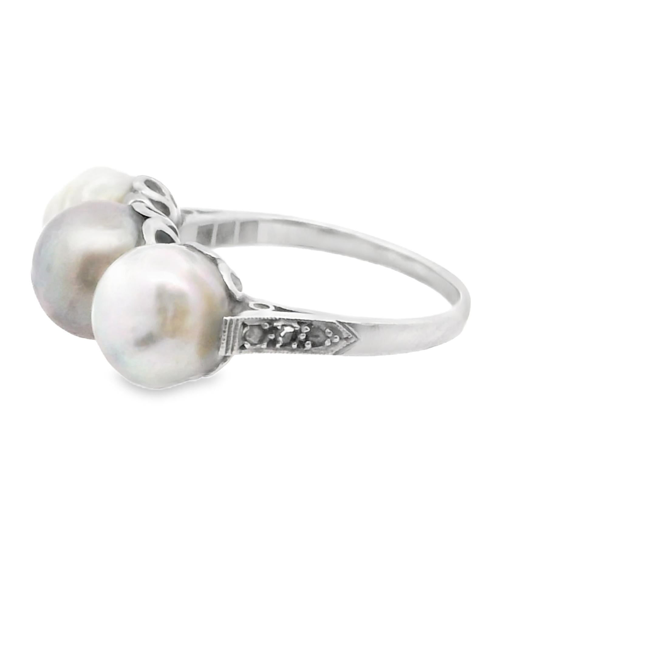 1930 Platinum Ring with Three Natural White Pearls