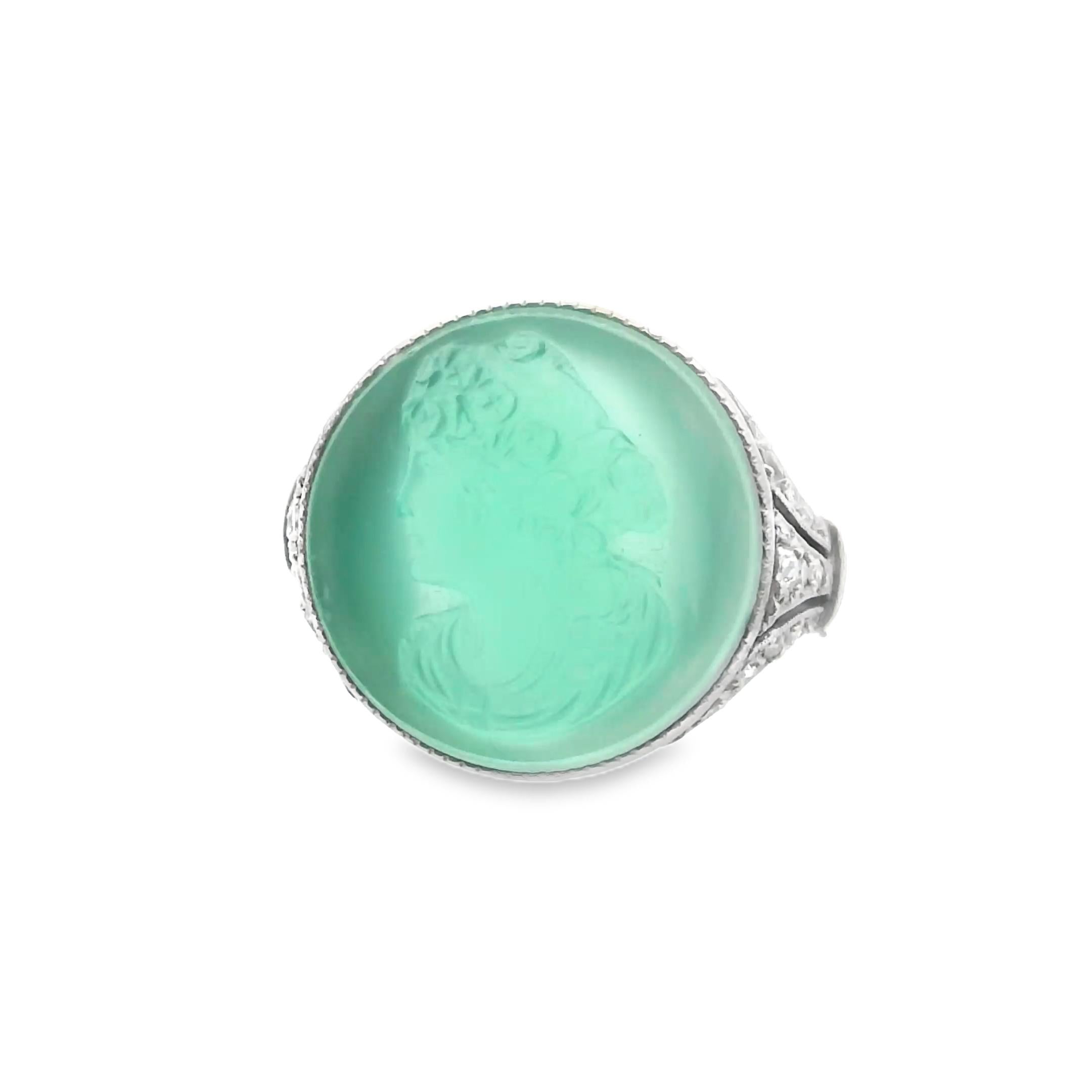 Chrysoprase Intaglio Ring with Diamond Accents in Platinum, circa 1930