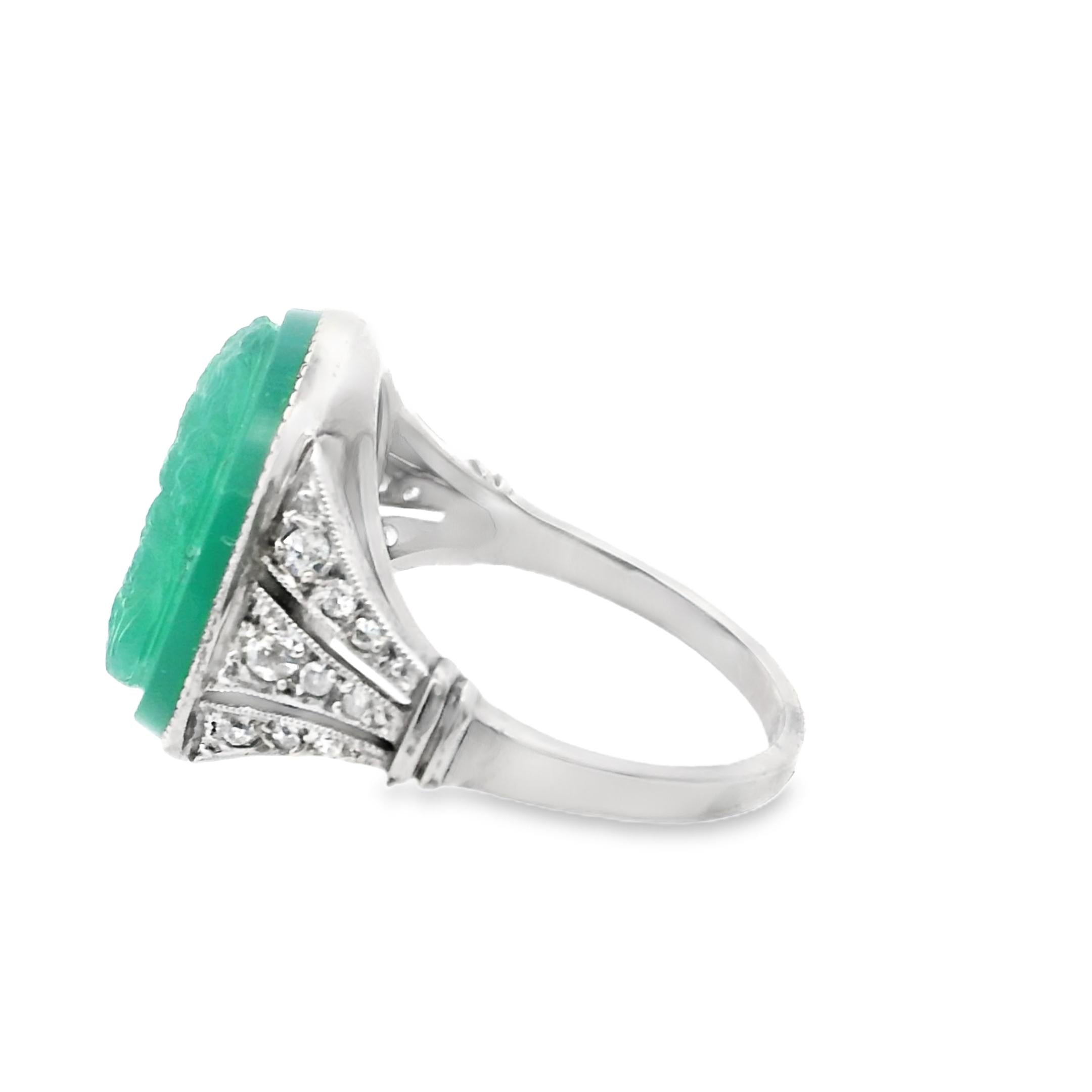 Chrysoprase Intaglio Ring with Diamond Accents in Platinum, circa 1930
