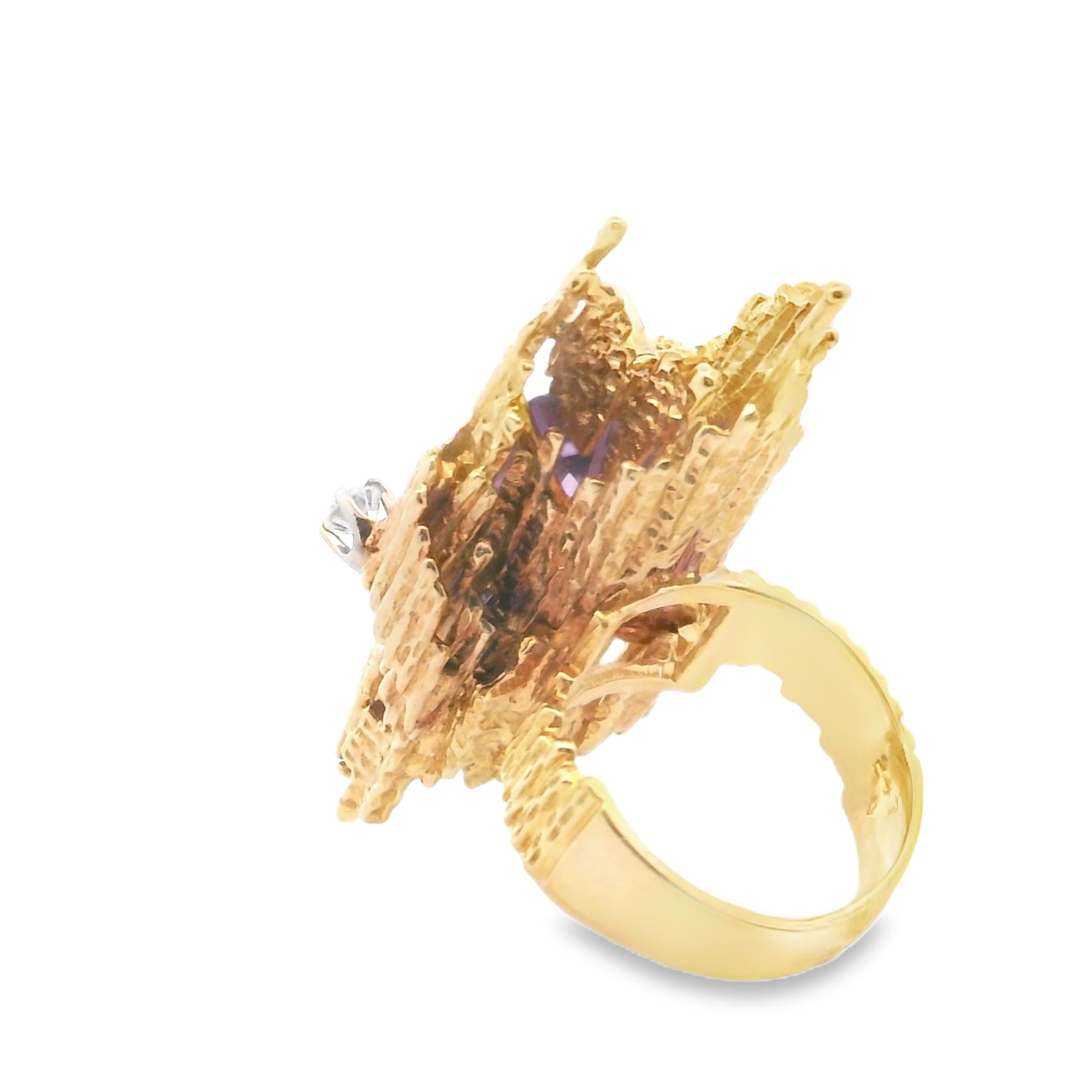 Brutalist Amethyst & Diamond Ring in 18k Gold, circa 1970s