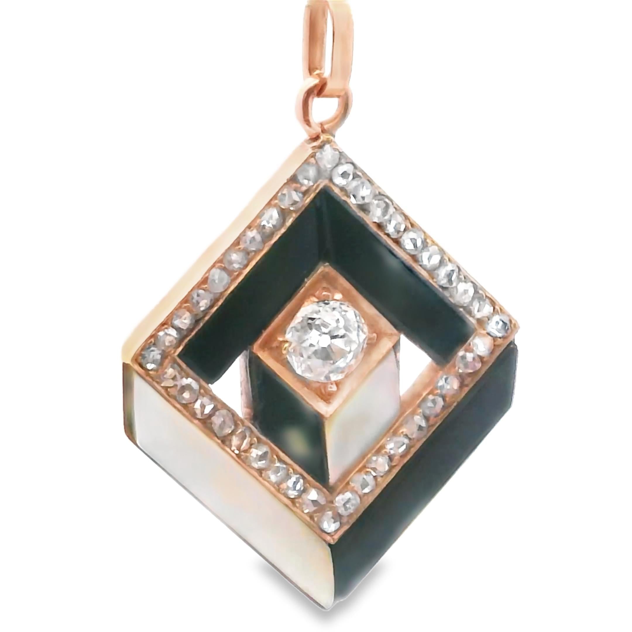 18K Gold Victorian Onyx Mother of Pearl Diamond Optical Charm Pendant