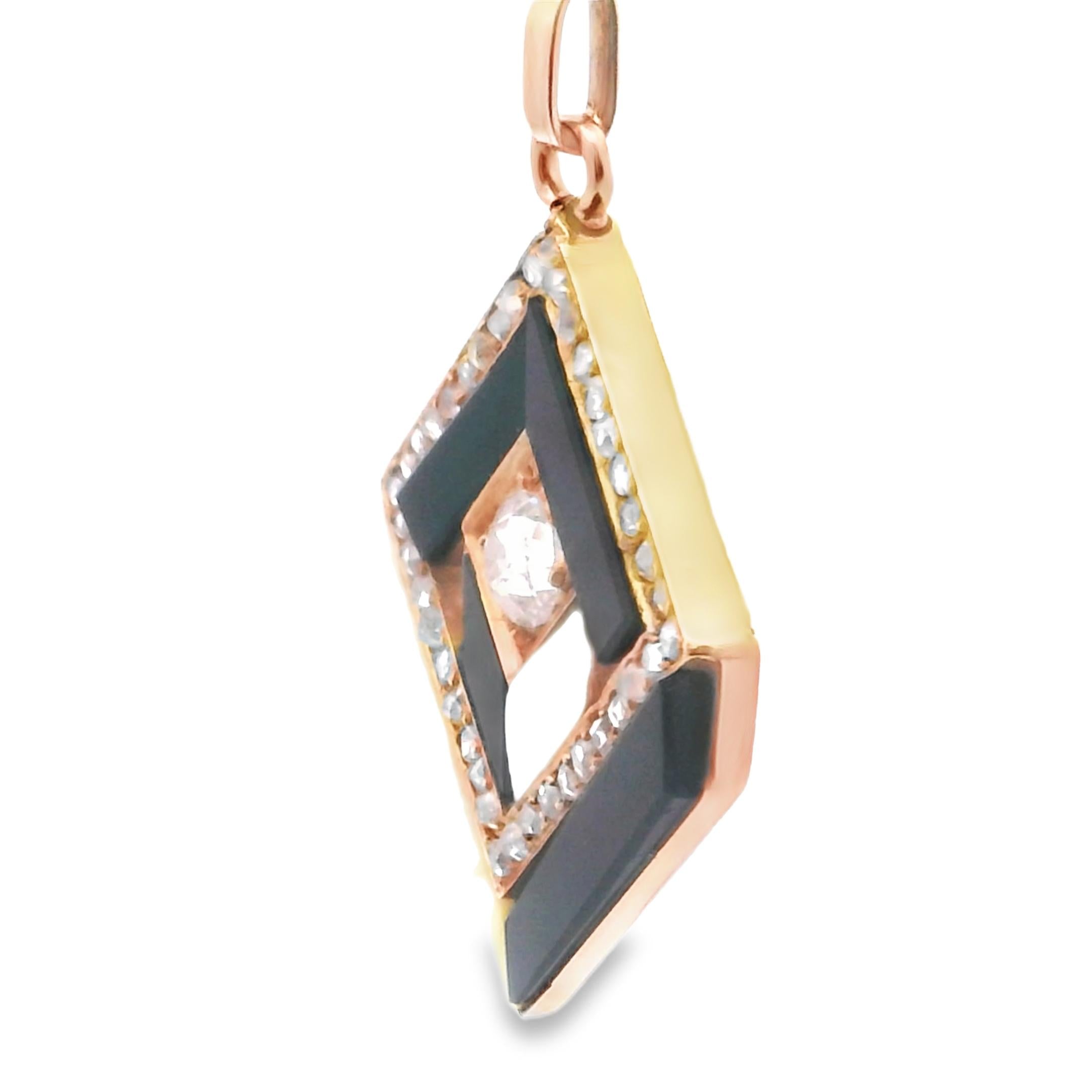 18K Gold Victorian Onyx Mother of Pearl Diamond Optical Charm Pendant