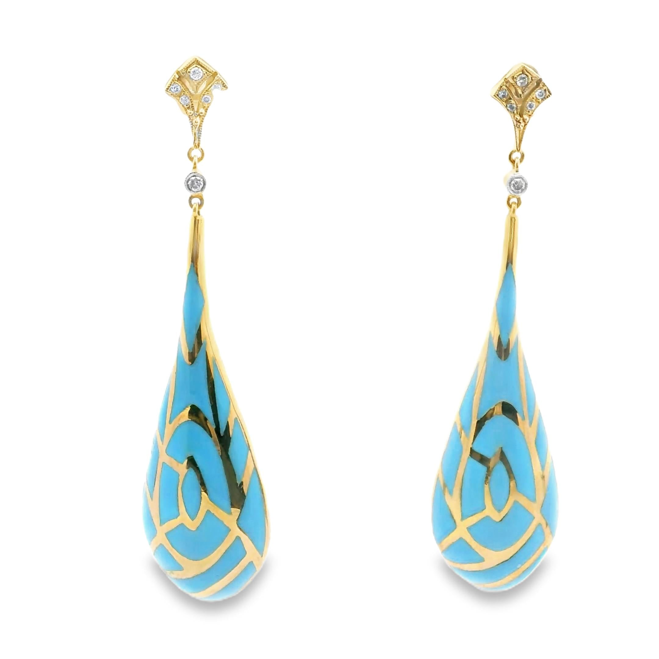 Italian Modernist Blue Enamel Drop Earrings in 18k Gold with Diamonds