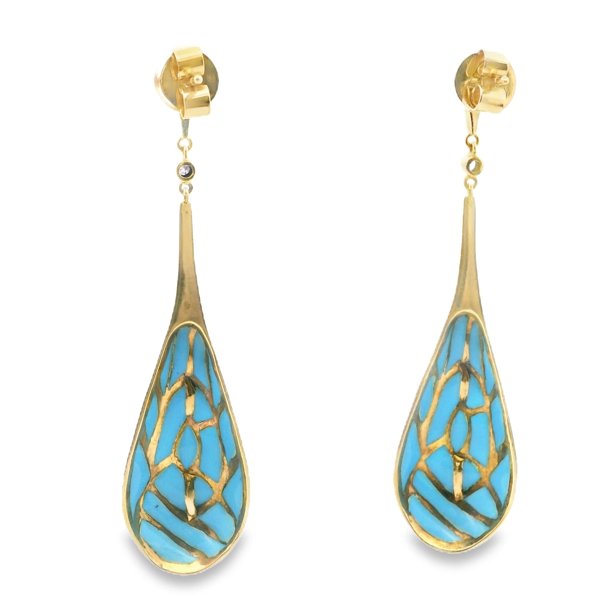 Italian Modernist Blue Enamel Drop Earrings in 18k Gold with Diamonds